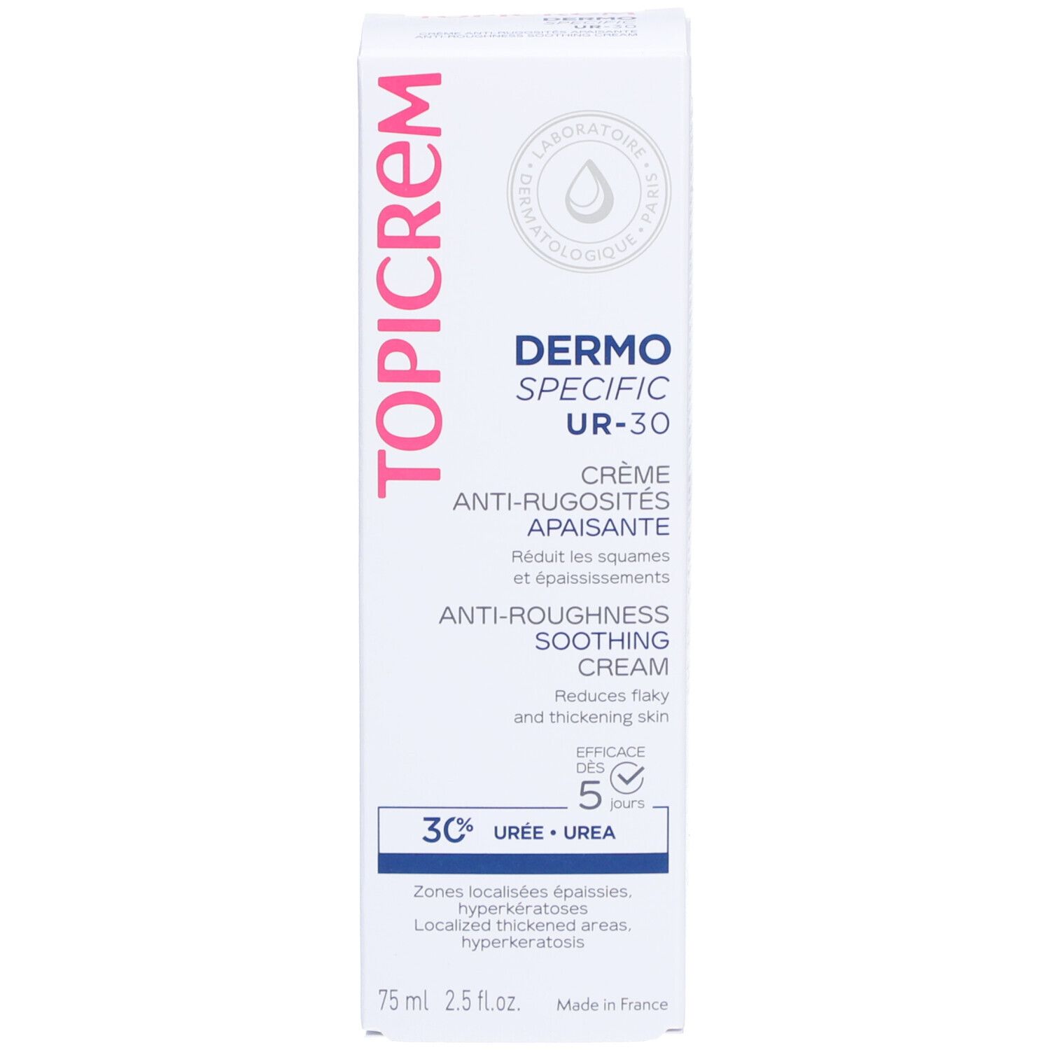 Verpakking Topicrem Dermo-Specific UR-30 crème. Witte doos met roze tekst. Bevat 30% ureum.