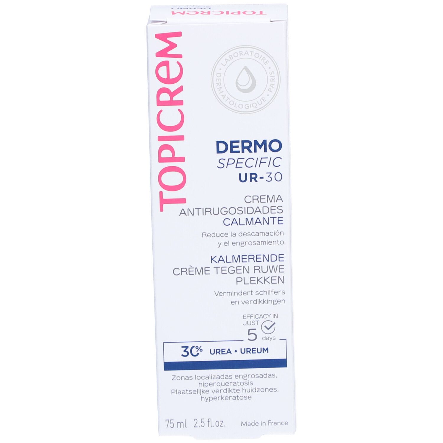 Verpakking Topicrem Dermo-Specific UR-30 crème. Witte doos met roze tekst. Bevat 30% ureum.