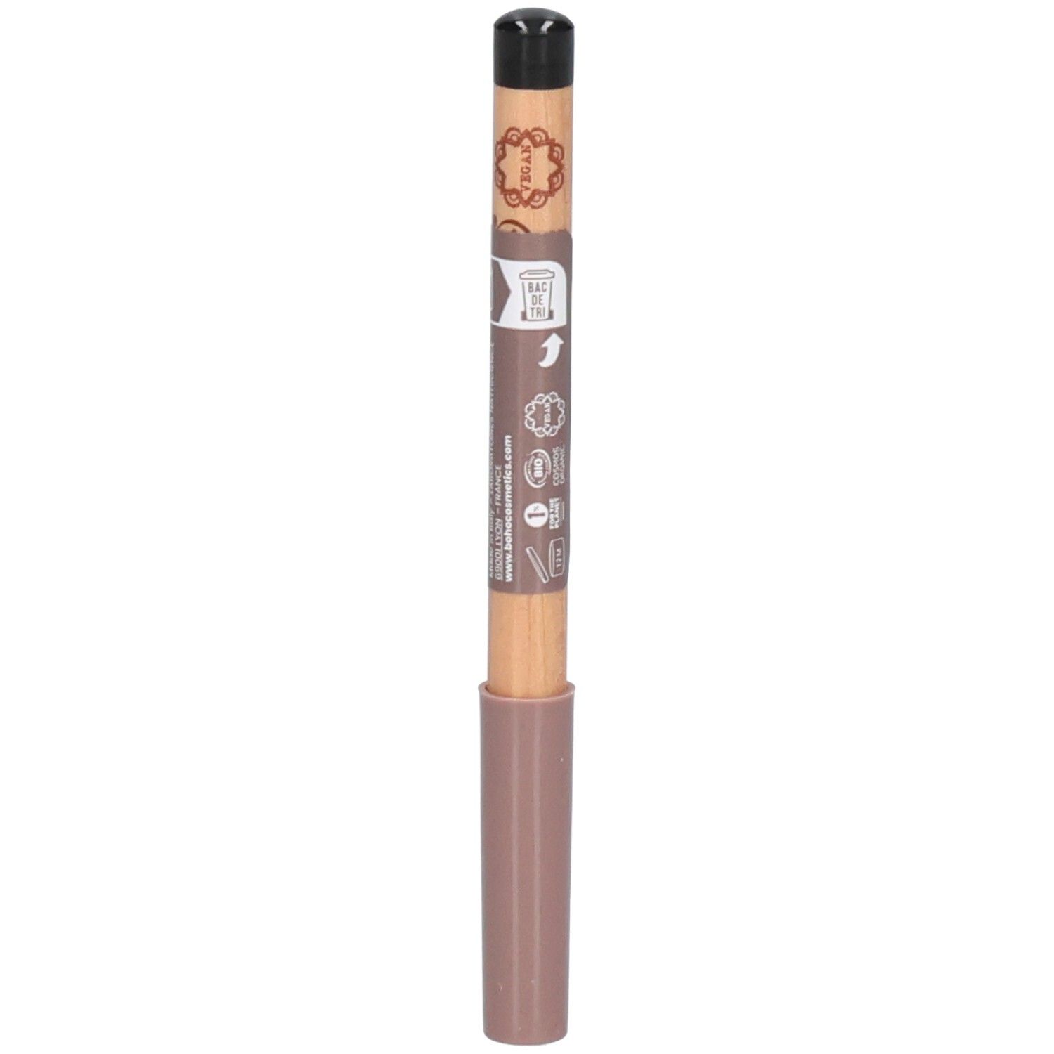 Crayon noir et marron. Partie inférieure rose. Inscriptions sur le corps du crayon.