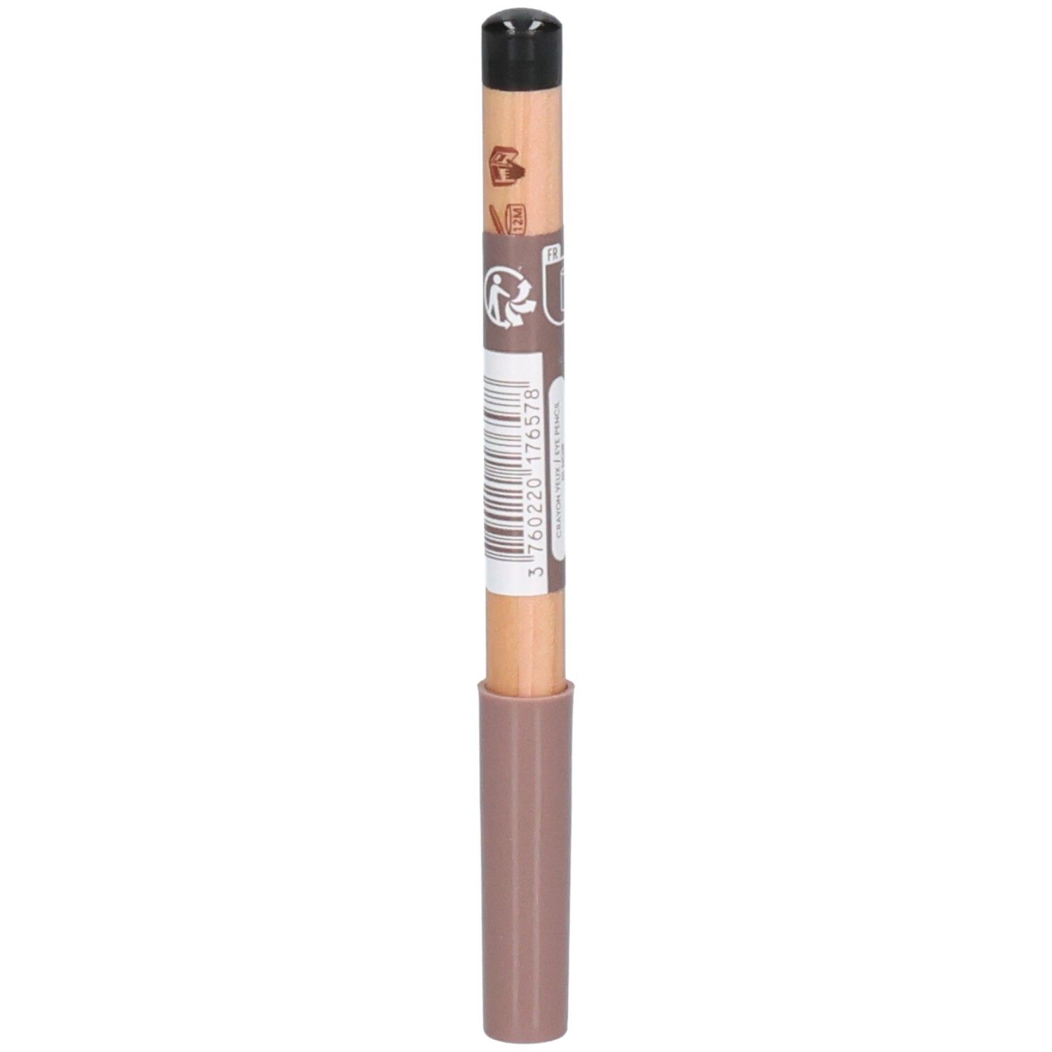 Crayon noir et marron. Partie inférieure rose. Code-barres et inscriptions.