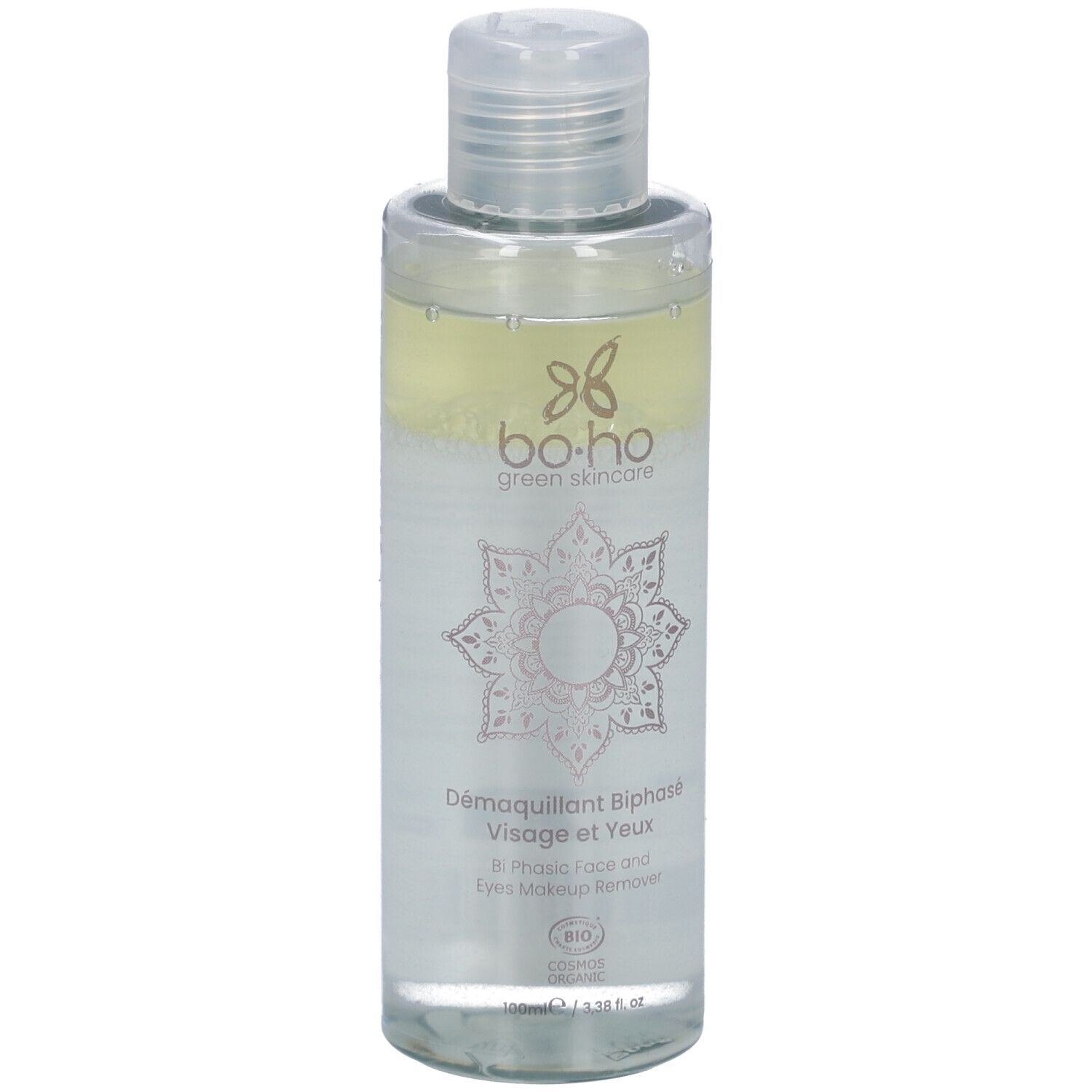Transparante fles met tweefasige make-up remover. Opschrift: bo-ho green skincare, Démaquillant Visage et Yeux. Bio-certificering.