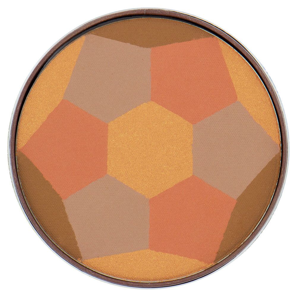 Ronde cosmeticaverpakking. Verschillende tinten in zeshoekige segmenten. Bruine rand.