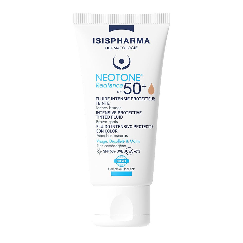 Witte tube ISISPHARMA NEOTONE Radiance SPF50+. Getinte zonnebrandcrème, tint Medium. Bevat SPF50+.