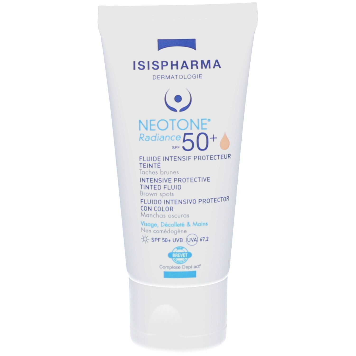 Witte tube ISISPHARMA NEOTONE Radiance SPF50+. Getinte zonnebrandcrème, tint Medium. Bevat SPF50+.