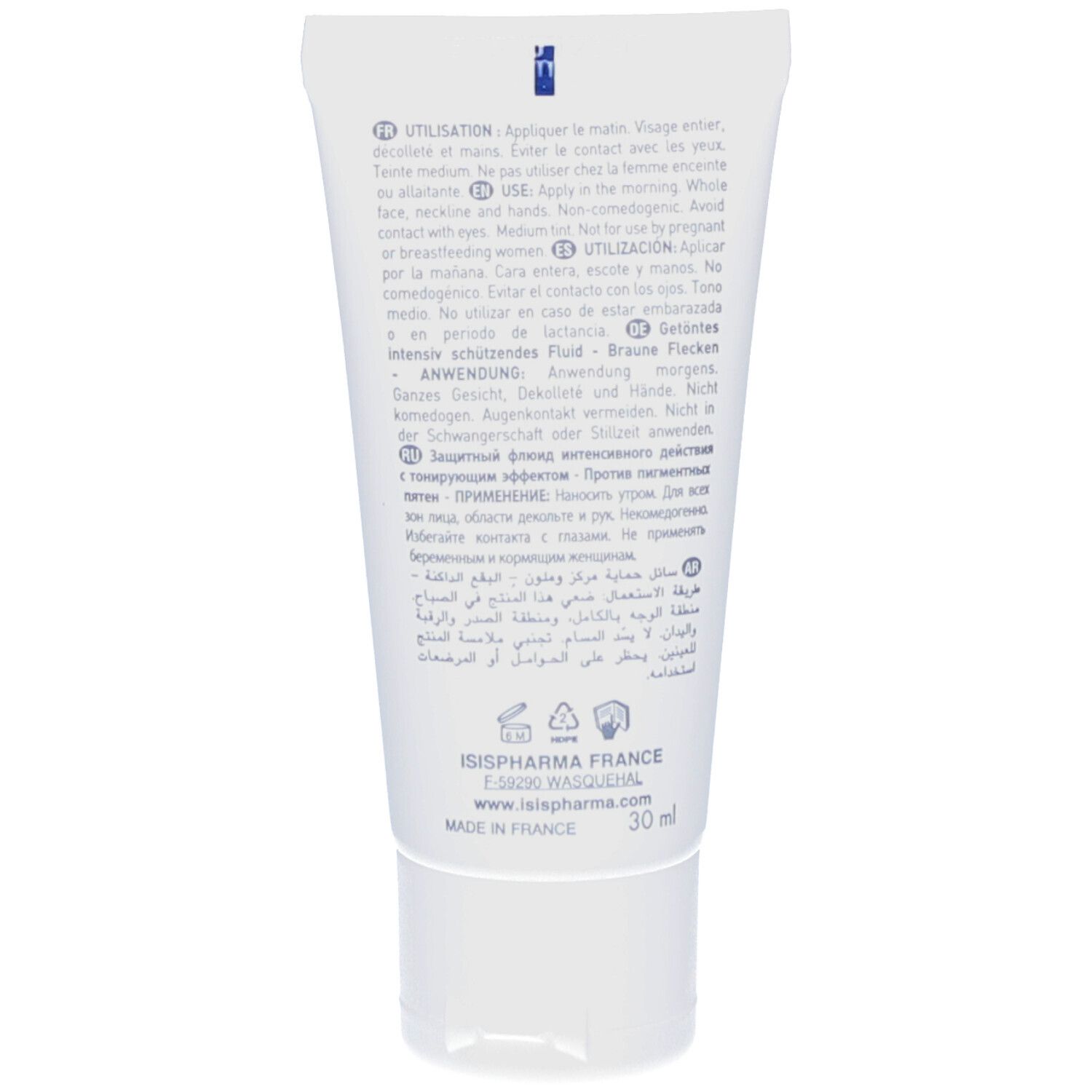 Achterkant van de witte tube. Meertalige tekst: gebruik, ingrediënten, adres fabrikant en volume 30 ml.