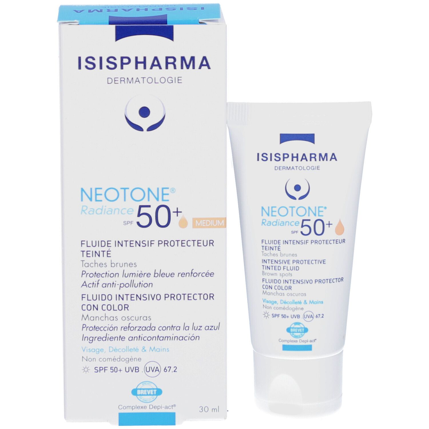 Verpakking en tube. ISISPHARMA, NEOTONE Radiance SPF50+ Medium. Zonnebrandcrème en doos.