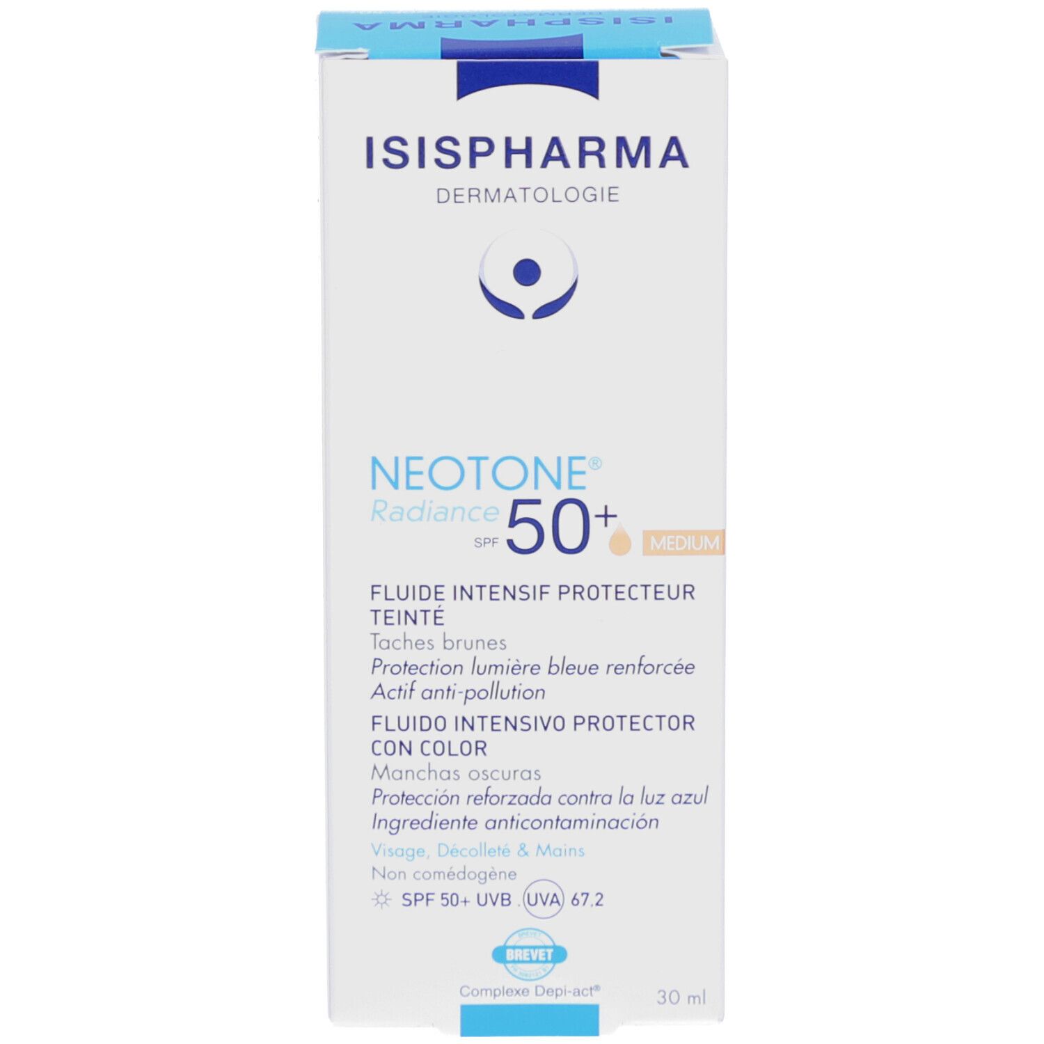 Productverpakking. ISISPHARMA, NEOTONE Radiance SPF50+ Medium. Zonnebrandcrème. Tekst en logo.