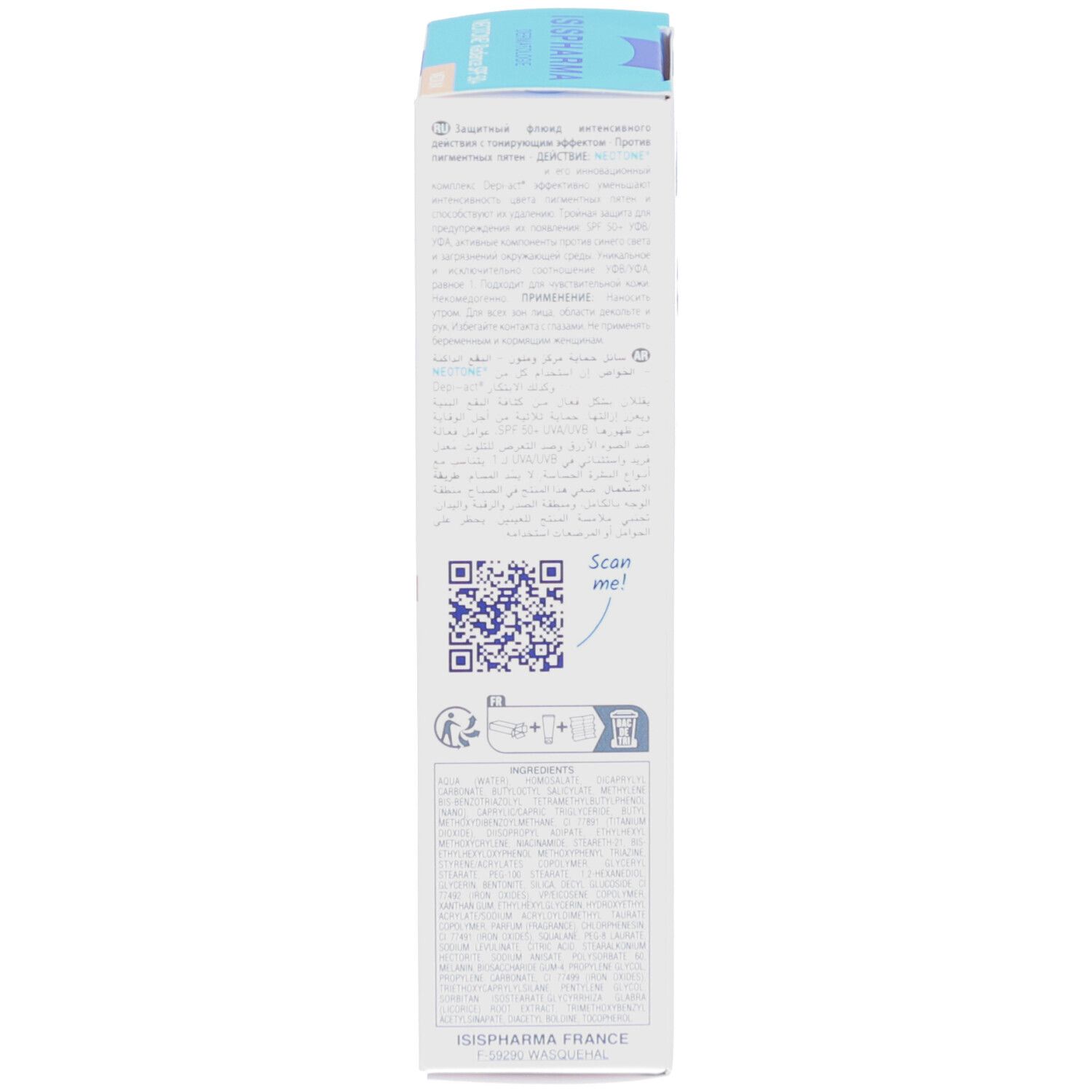 Productverpakking. ISISPHARMA, NEOTONE Radiance SPF50+ Medium. Tekst, QR-code en informatie.