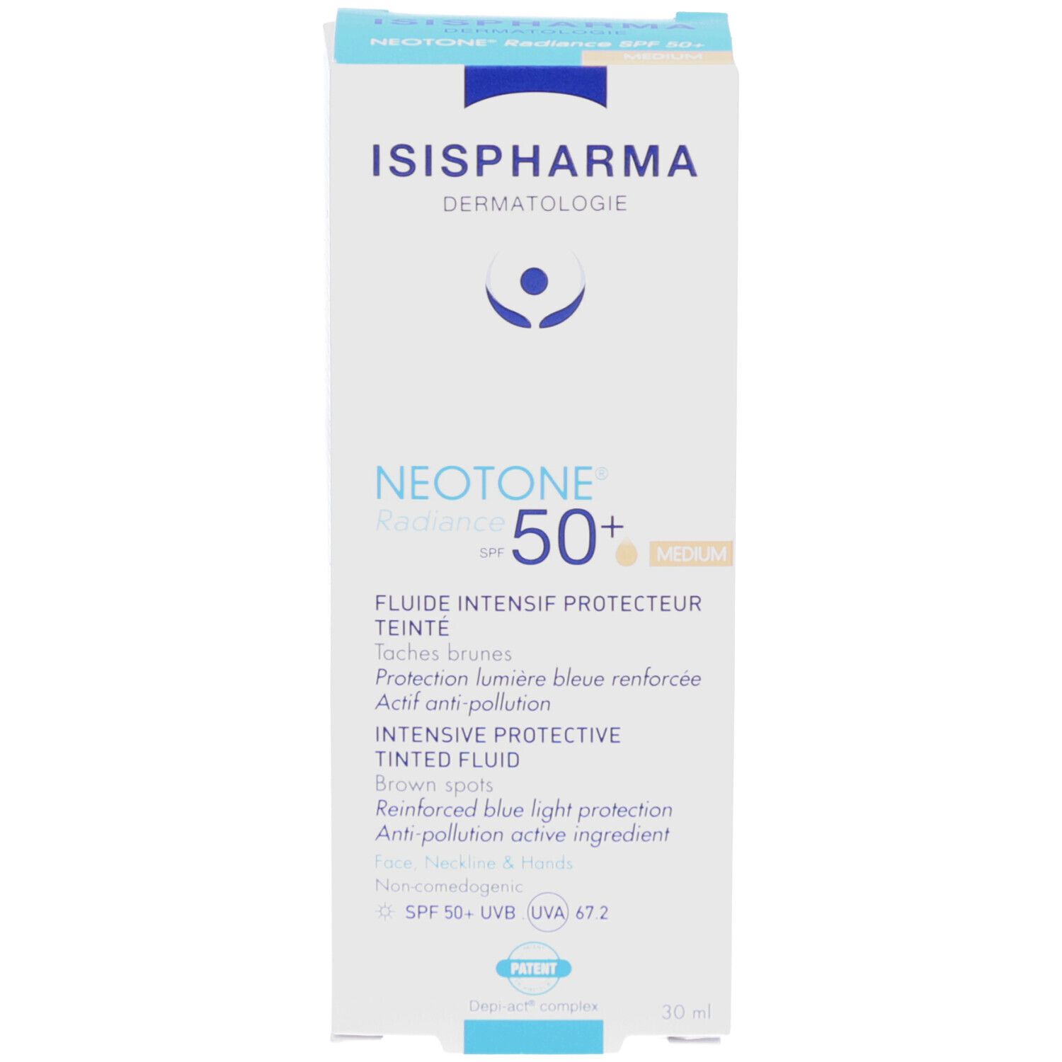 Productverpakking. ISISPHARMA, NEOTONE Radiance SPF50+ Medium. Tekst en logo. Detailweergave.