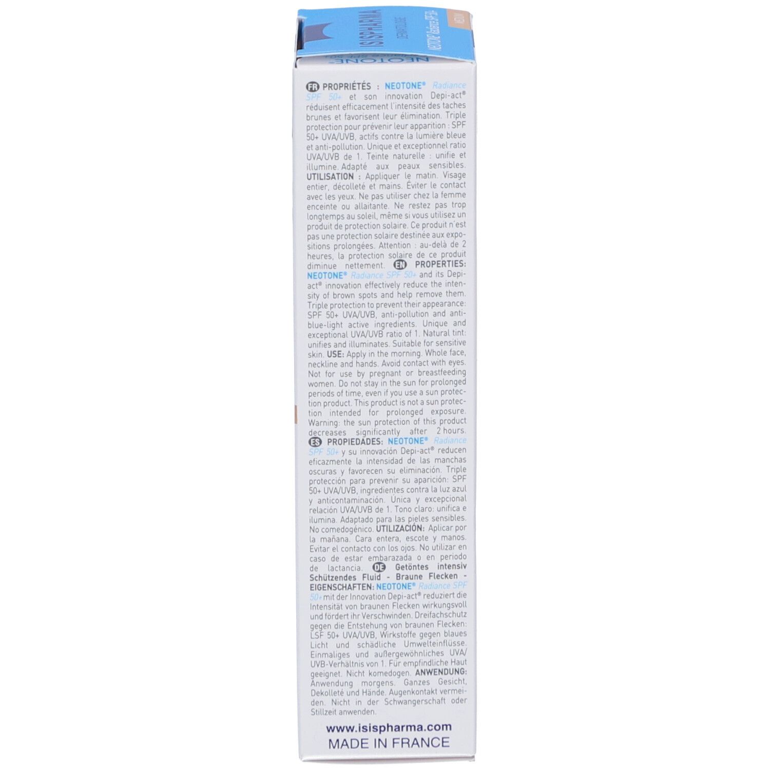 Productverpakking. ISISPHARMA, NEOTONE Radiance SPF50+ Medium. Tekst en informatie. Detailweergave.