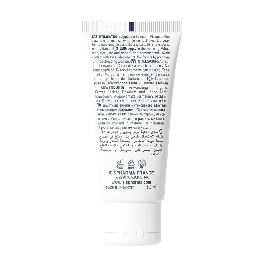 Achterkant van de witte tube. Meertalige tekst: gebruik, ingrediënten, adres fabrikant en volume 30 ml.