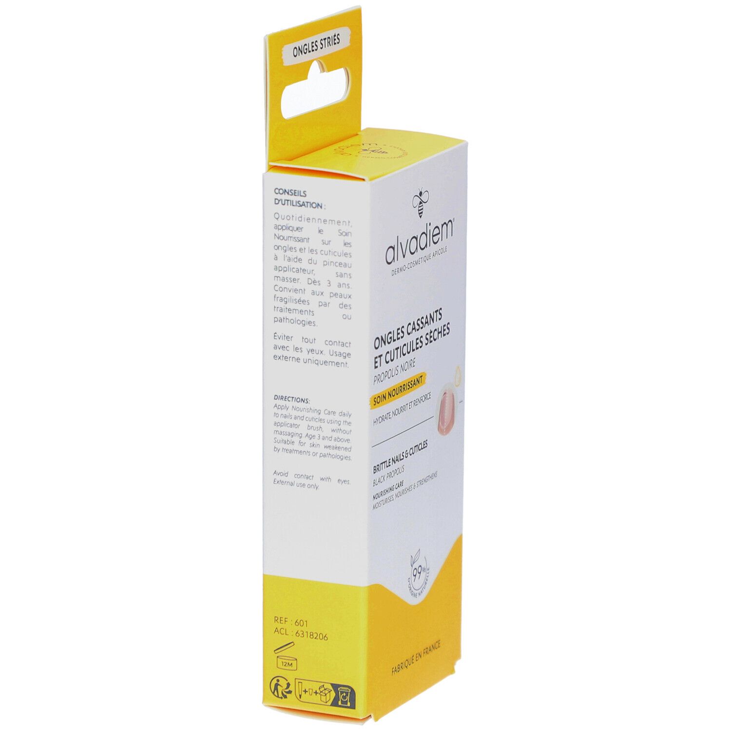 Boîte, dos. Texte: ALVADIEM, Ongles cassants et cuticules sèches. Conseils d'utilisation et ingrédients.