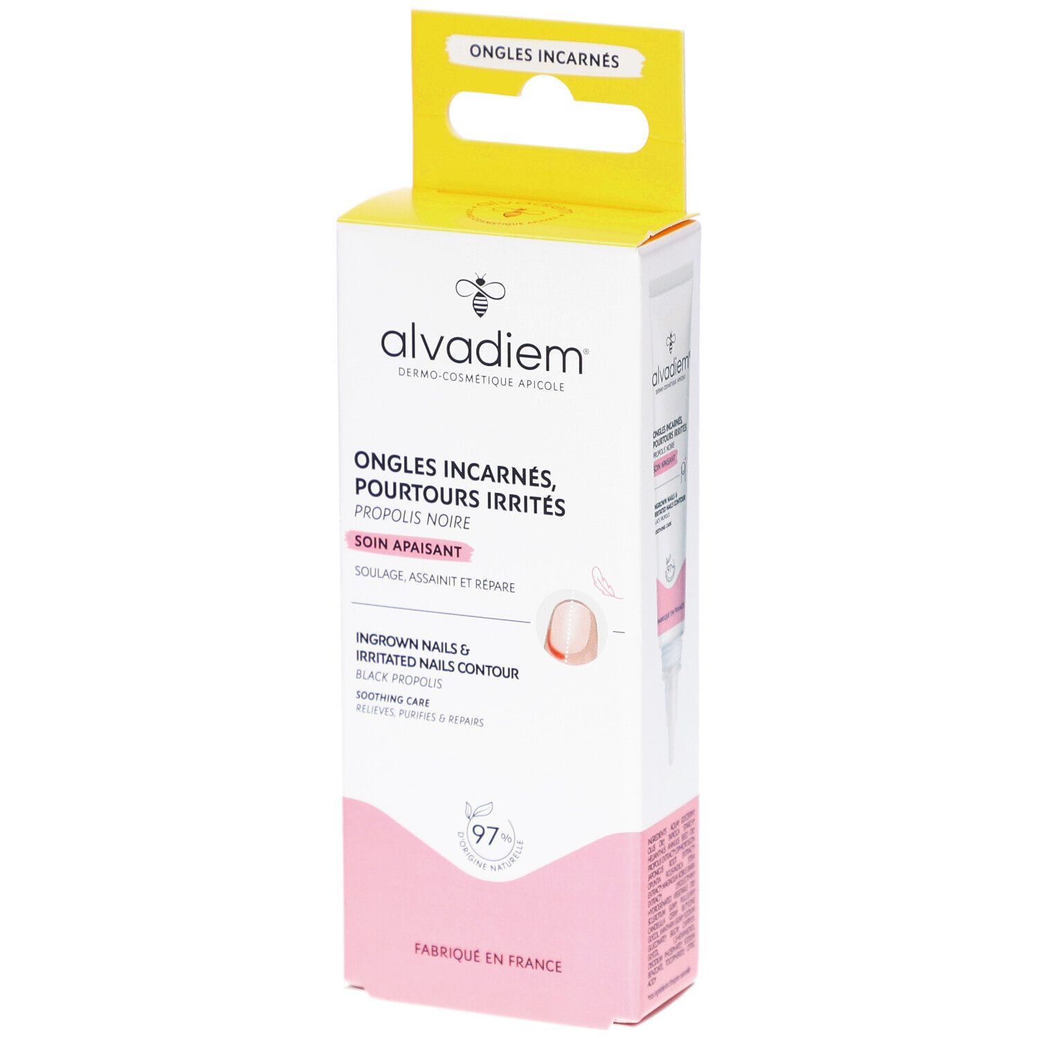 Boîte ALVADIEM. Blanc, rose et jaune. Texte: Ongles Incarnés, Pourtours Irrités, Propolis Noire, Soin Apaisant. Illustration du produit.
