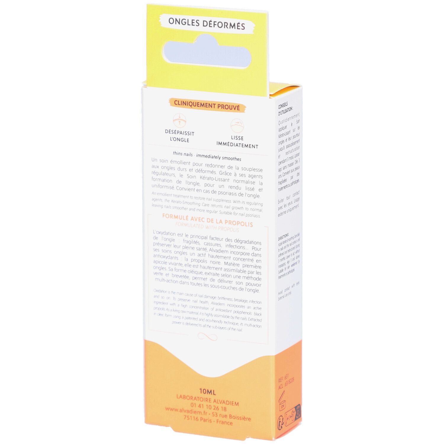 Dos de la boîte ALVADIEM. Boîte blanche et jaune avec texte et logo. Contient des informations sur l'utilisation et les ingrédients.