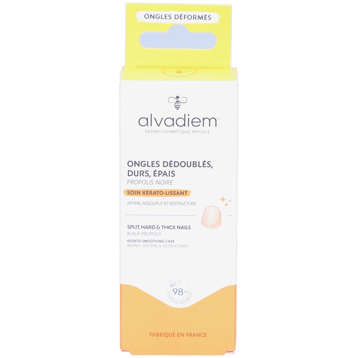 Boîte ALVADIEM. Emballage blanc et jaune avec informations produit et logo. Texte: Ongles Déboulés, Durs, Épais. Slogan: Soin Kérato-Lissant.