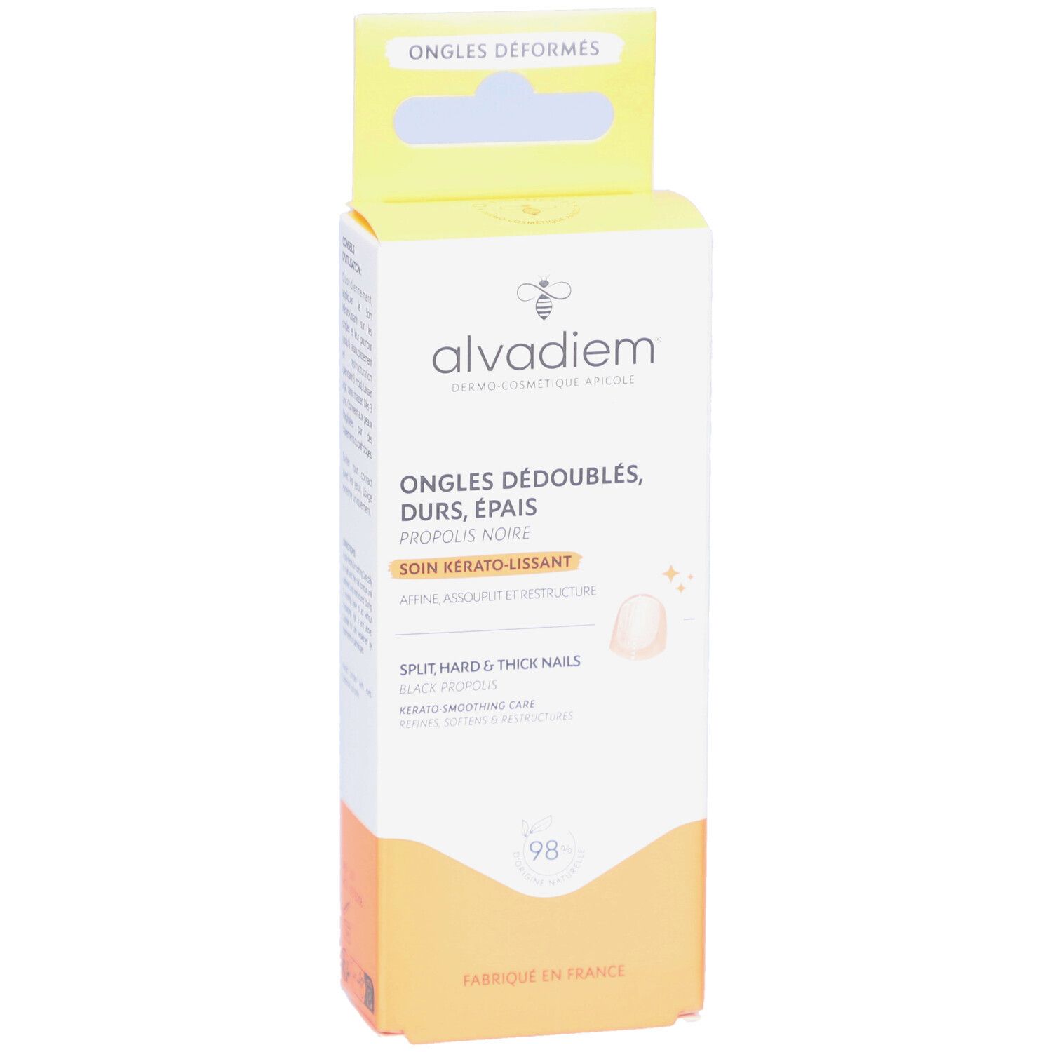 Boîte ALVADIEM. Emballage blanc et jaune avec informations produit et logo. Texte: Ongles Déboulés, Durs, Épais. Slogan: Soin Kérato-Lissant.