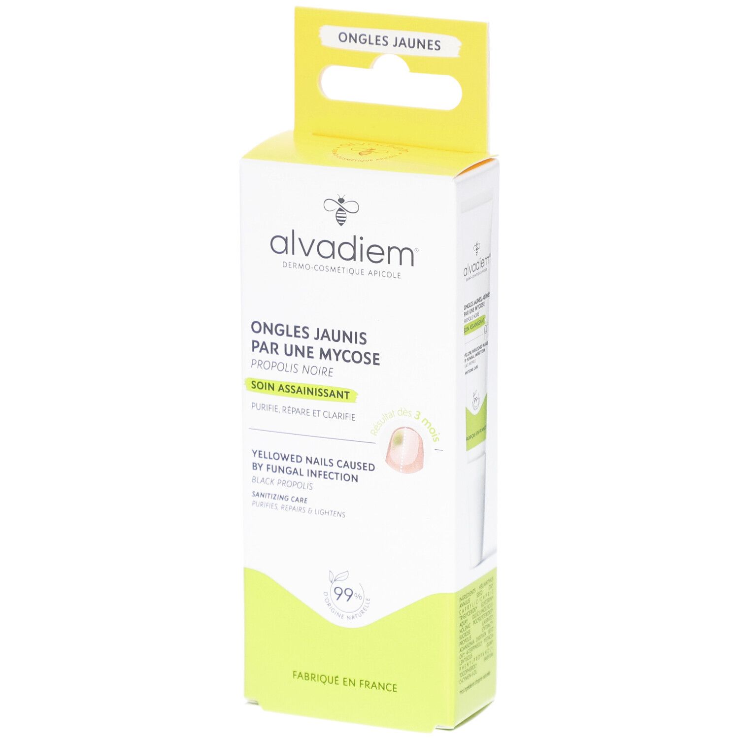 Boîte de ALVADIEM Soin Assainissant Ongles. Emballage blanc et jaune avec informations produit et logo. Inscription : Ongles jaunis par une mycose.