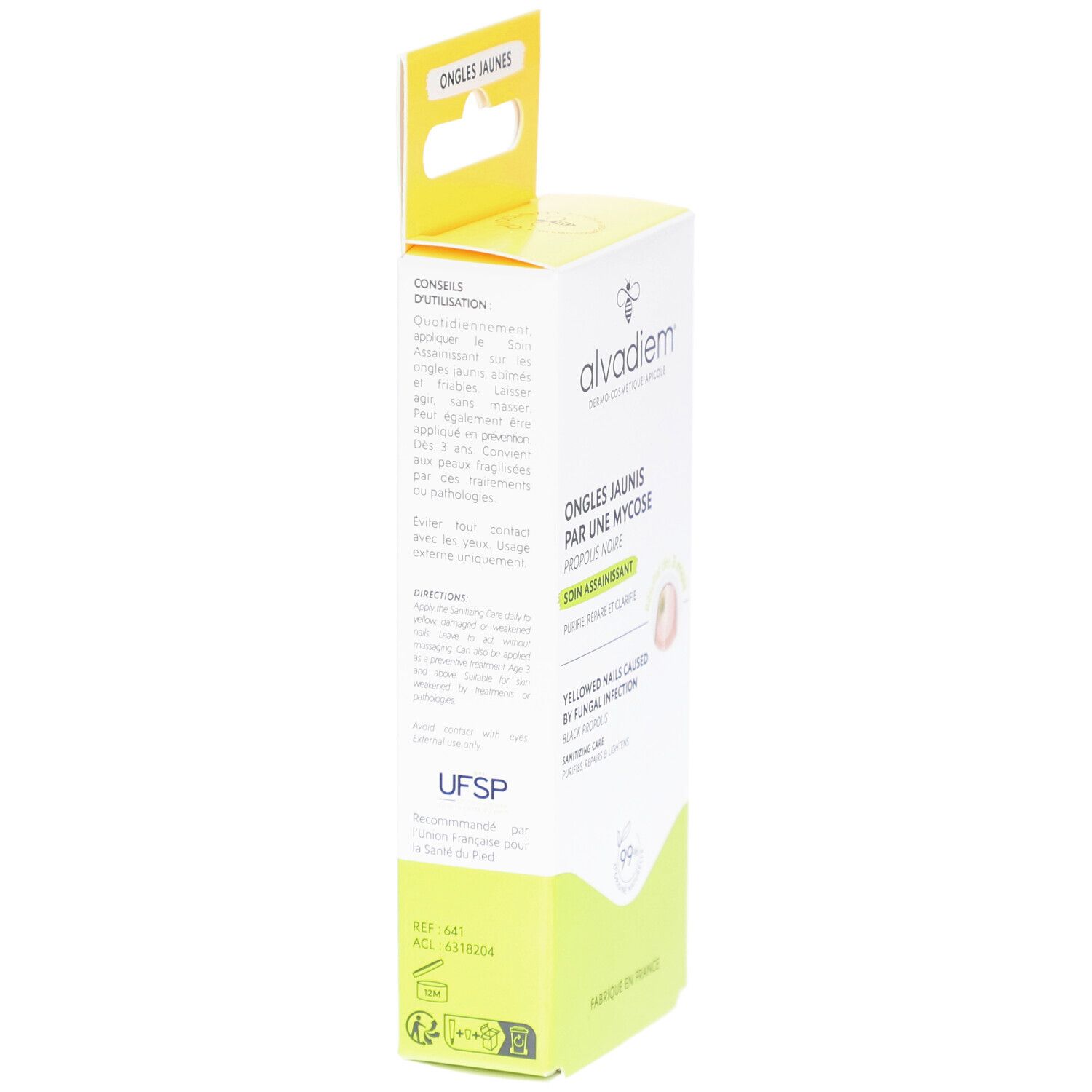 Vue latérale de l'emballage de ALVADIEM Soin Assainissant Ongles. Boîte jaune et blanche avec texte et logo. Contient des informations d'utilisation.