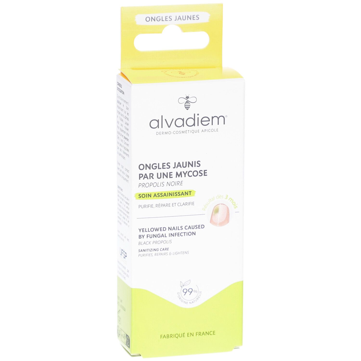 Boîte de ALVADIEM Soin Assainissant Ongles. Emballage blanc et jaune avec informations produit et logo. Inscription : Ongles jaunis par une mycose.