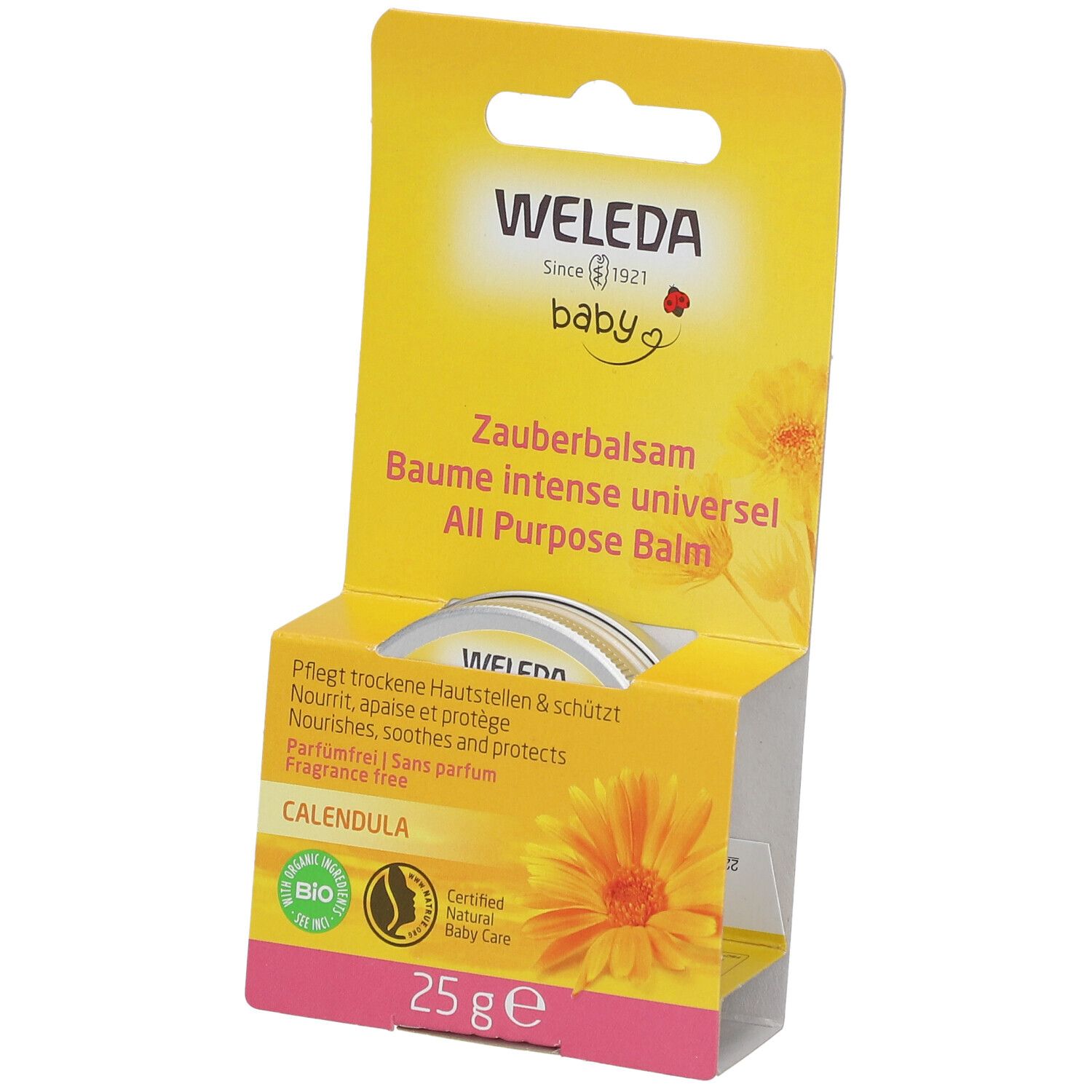 Babybalsem in gele verpakking. Potje met deksel, open. Opschrift: WELEDA Baby, All Purpose Balm, Calendula, 25 g.