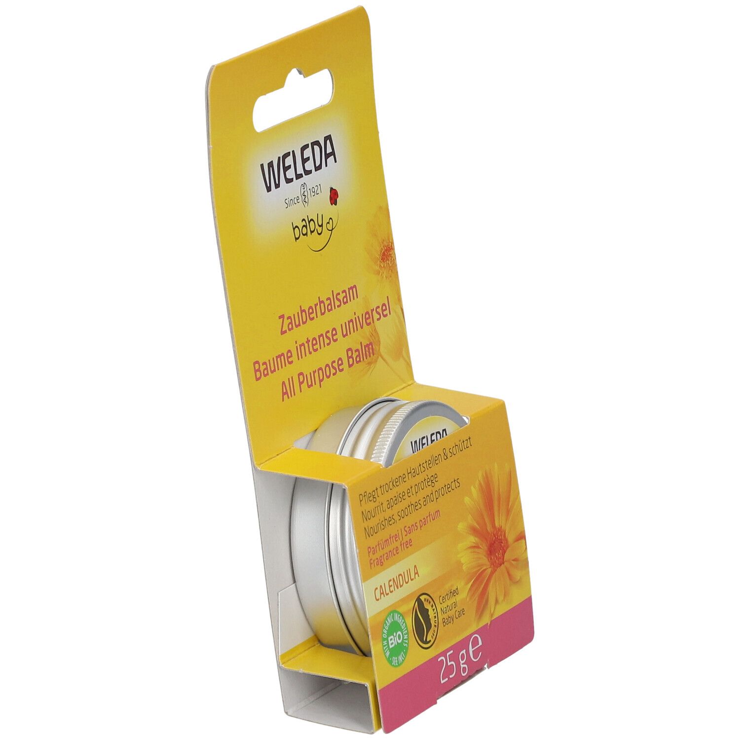 Babybalsem in geopende gele verpakking. Potje met deksel zichtbaar. Opschrift: WELEDA Baby, All Purpose Balm, Calendula, 25 g.