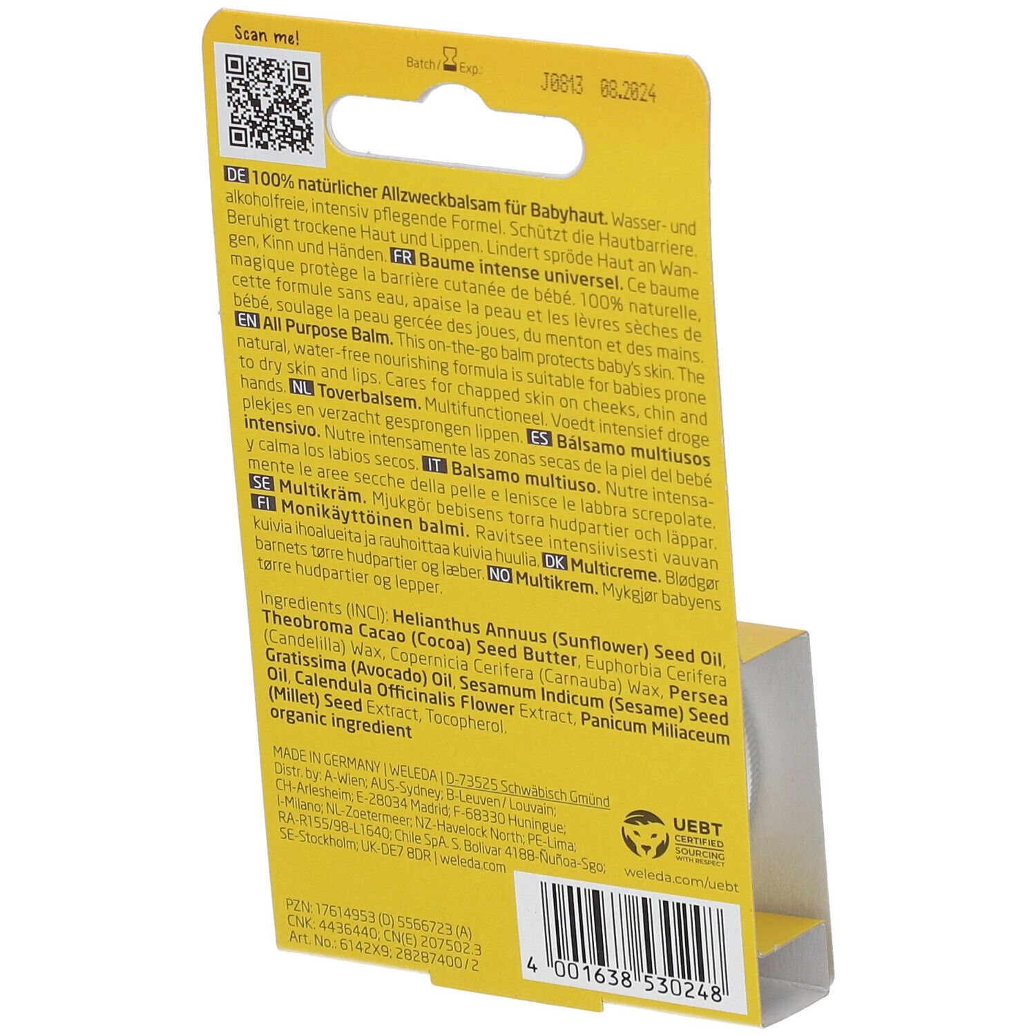 Achterkant van de gele verpakking. Tekst in meerdere talen. Ingrediëntenlijst. QR-code. Opschrift: WELEDA, 100% natuurlijke All Purpose Balm.