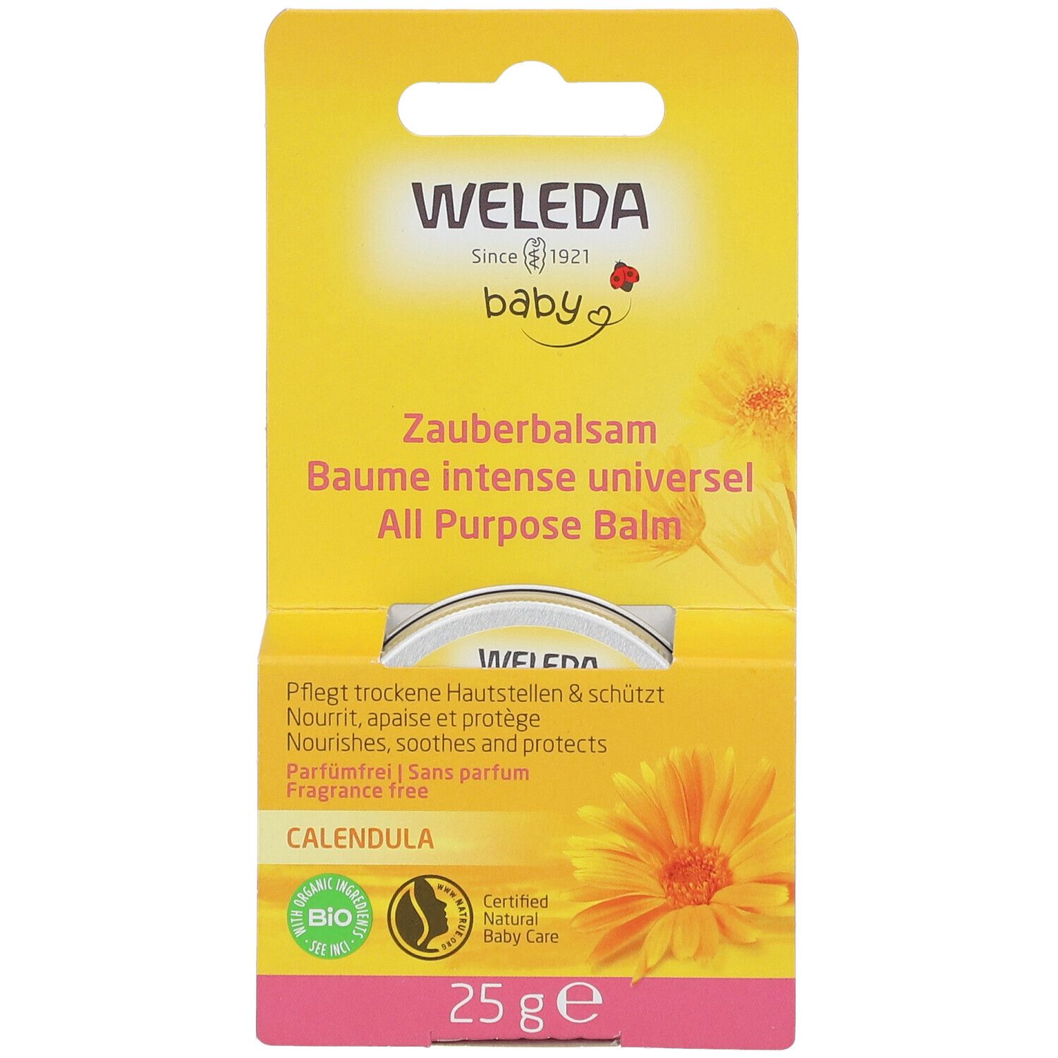 Babybalsem in gele verpakking. Potje met deksel, open. Opschrift: WELEDA Baby, All Purpose Balm, Calendula, 25 g.