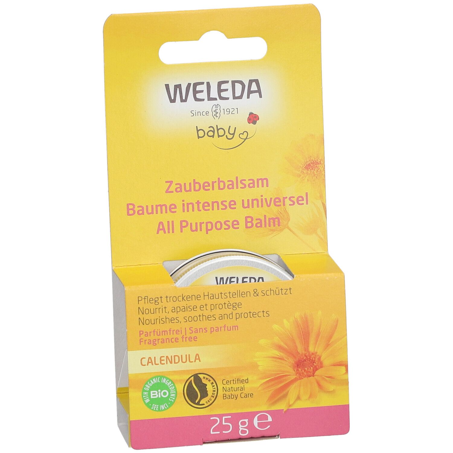 Babybalsem in gele verpakking. Potje met deksel, open. Opschrift: WELEDA Baby, All Purpose Balm, Calendula, 25 g.