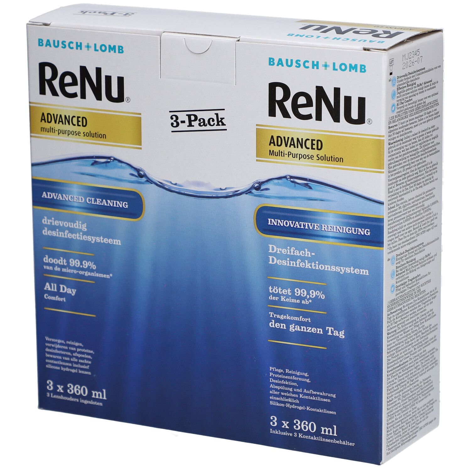 Verpakking van ReNu Advanced, 3-pack. Bevat 3 flessen van 360 ml. Opschrift: Advanced Multi-Purpose Solution.