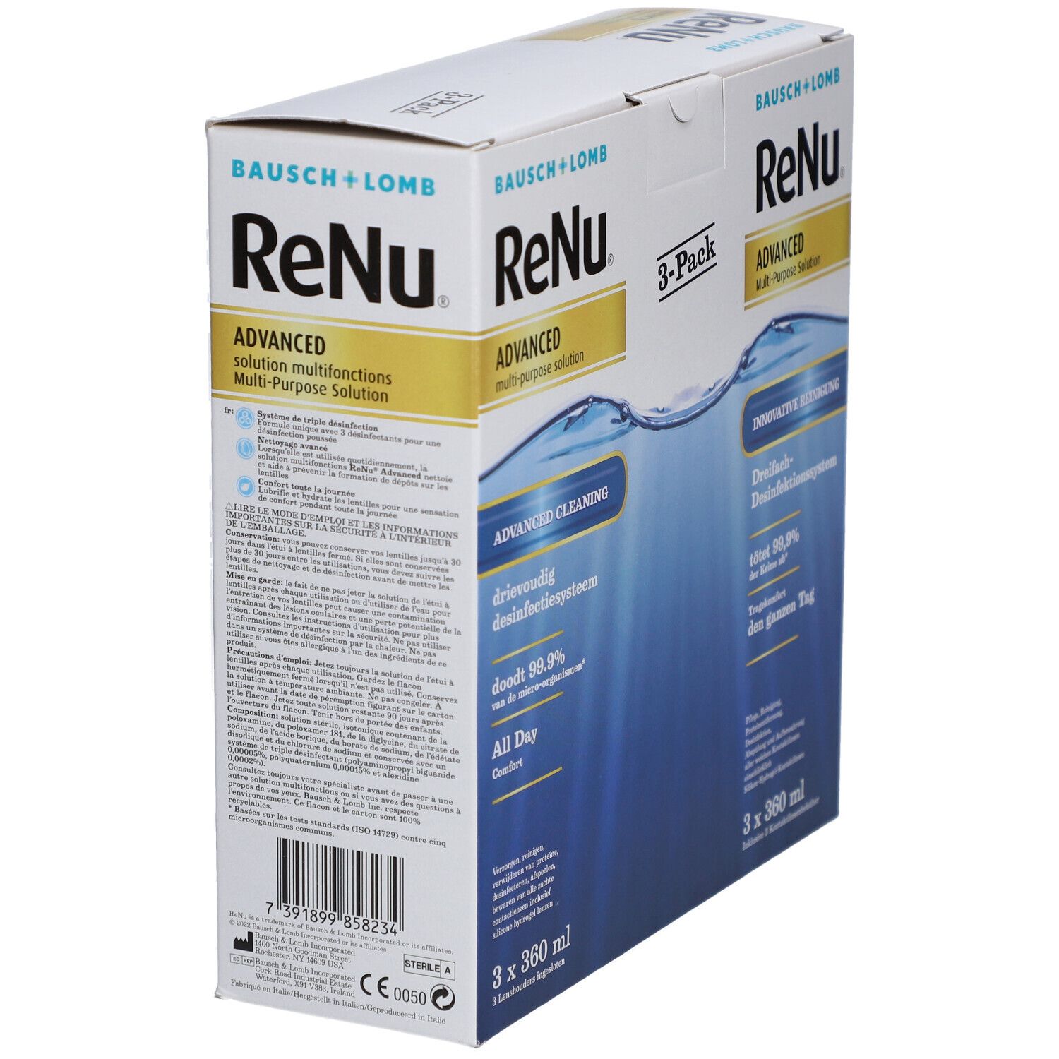 ReNu Advanced 3-pack verpakking. Opschrift: Advanced Multi-Purpose Solution. Bevat 3 flessen van 360 ml.