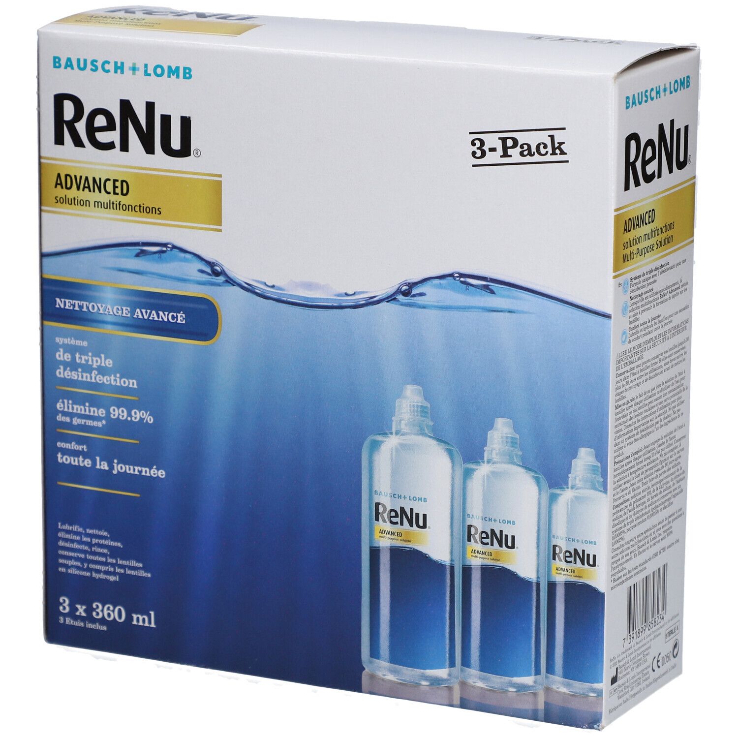 ReNu Advanced 3-pack verpakking met 3 flessen. Opschrift: Advanced Multi-Purpose Solution. Elke fles bevat 360 ml.