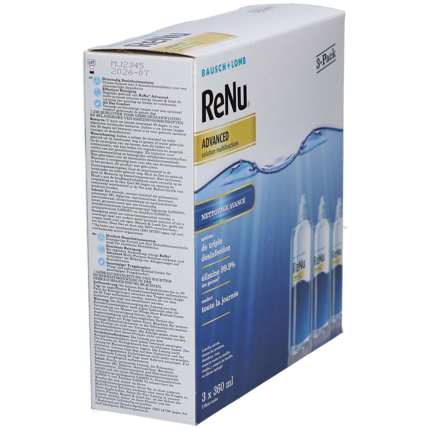 ReNu Advanced 3-pack verpakking. Opschrift: Advanced Multi-Purpose Solution. Bevat 3 flessen van 360 ml.