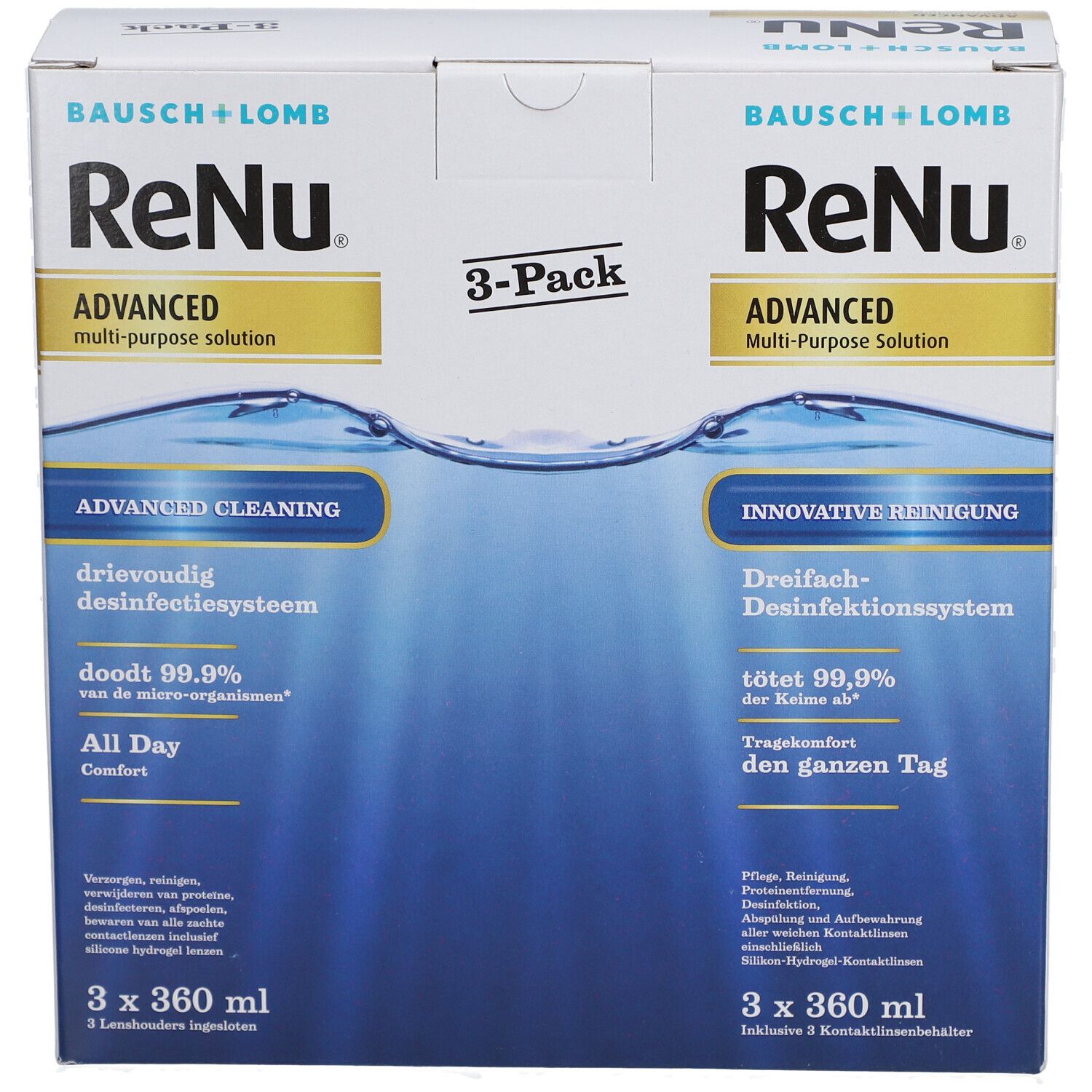 ReNu Advanced 3-pack verpakking. Opschrift: Advanced Multi-Purpose Solution. Bevat 3 flessen van 360 ml.