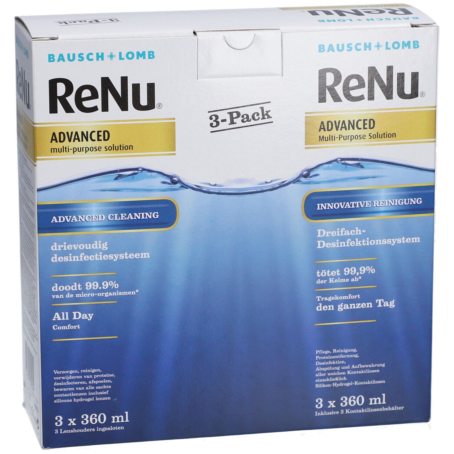 ReNu Advanced 3-pack verpakking. Opschrift: Advanced Multi-Purpose Solution. Bevat 3 flessen van 360 ml.