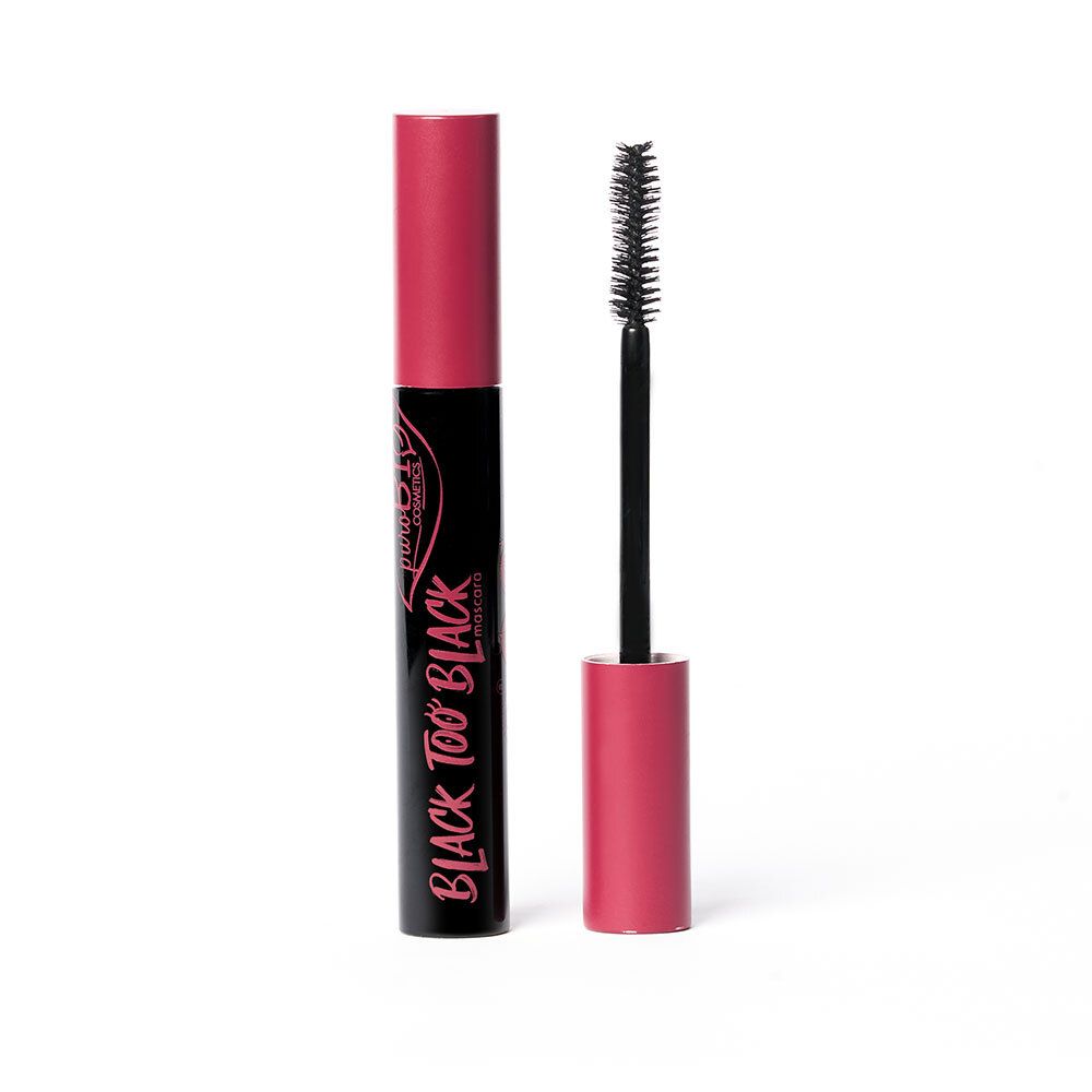 Mascara noire avec bouchon et brosse roses. Nom du produit : Black Too Black. Marque : PUROBIO Cosmetics.