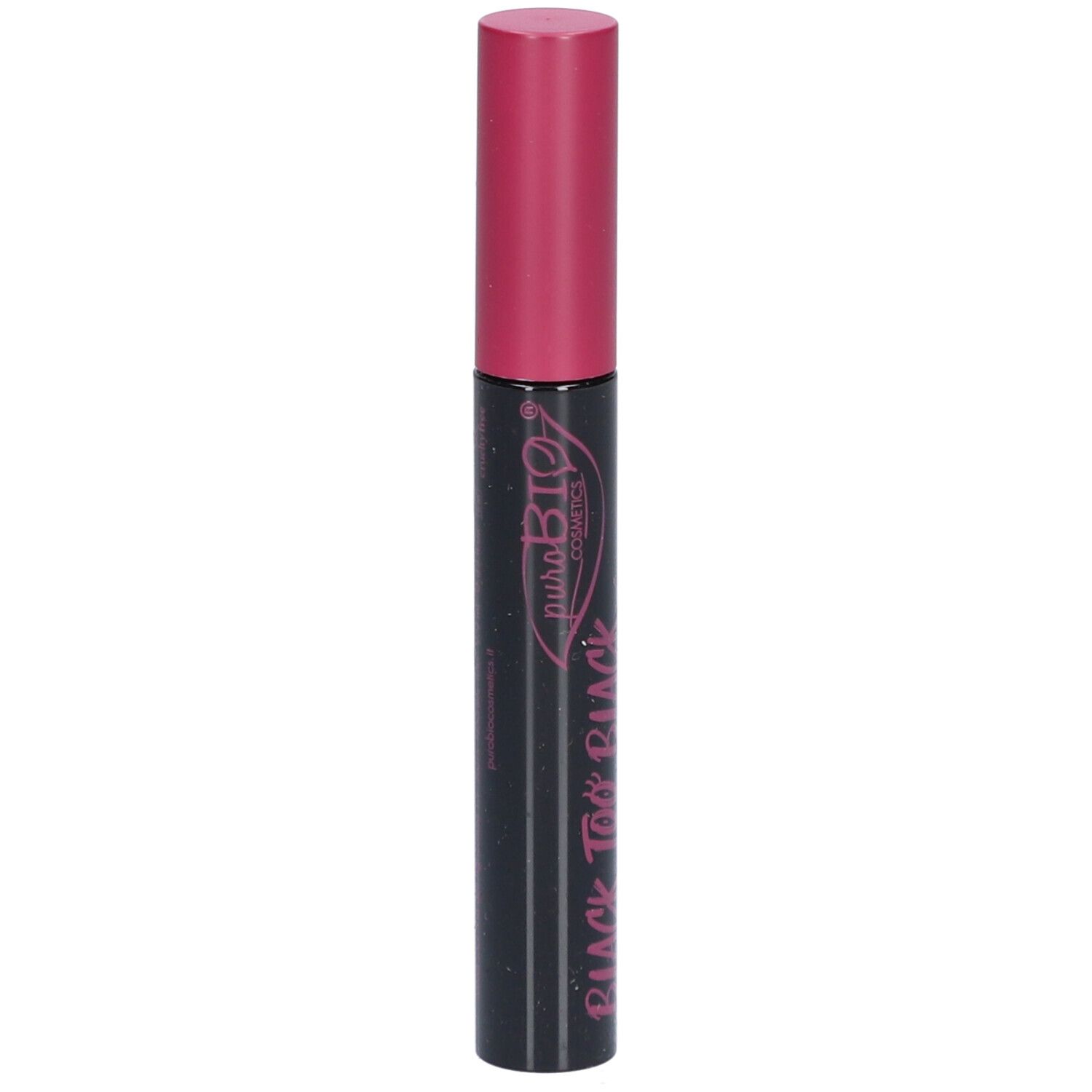 Tube de mascara noir avec bouchon rose. Texte : PUROBIO Cosmetics, Black Too Black.