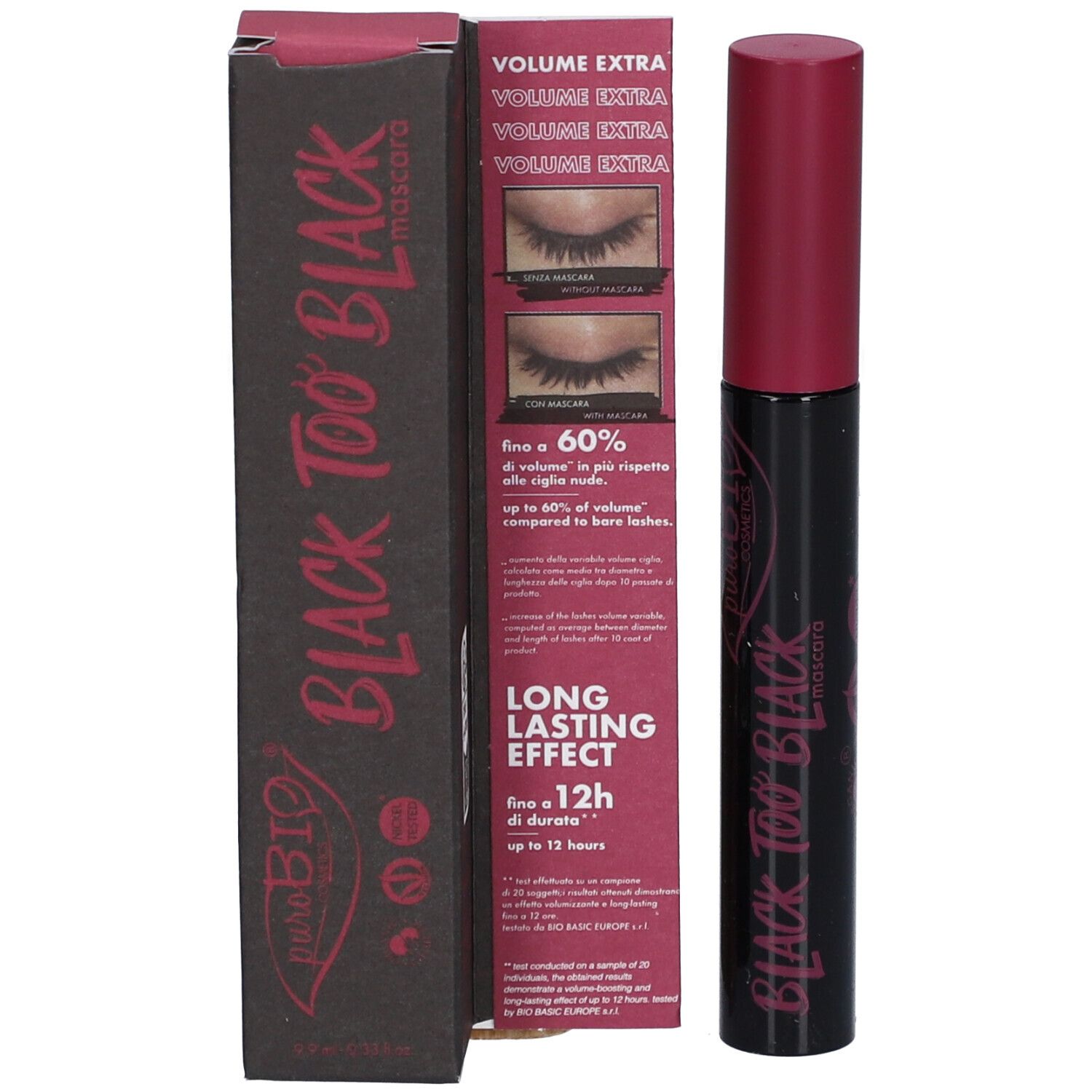Mascara et emballage. Mascara noir avec bouchon rose. Emballage : Black Too Black.