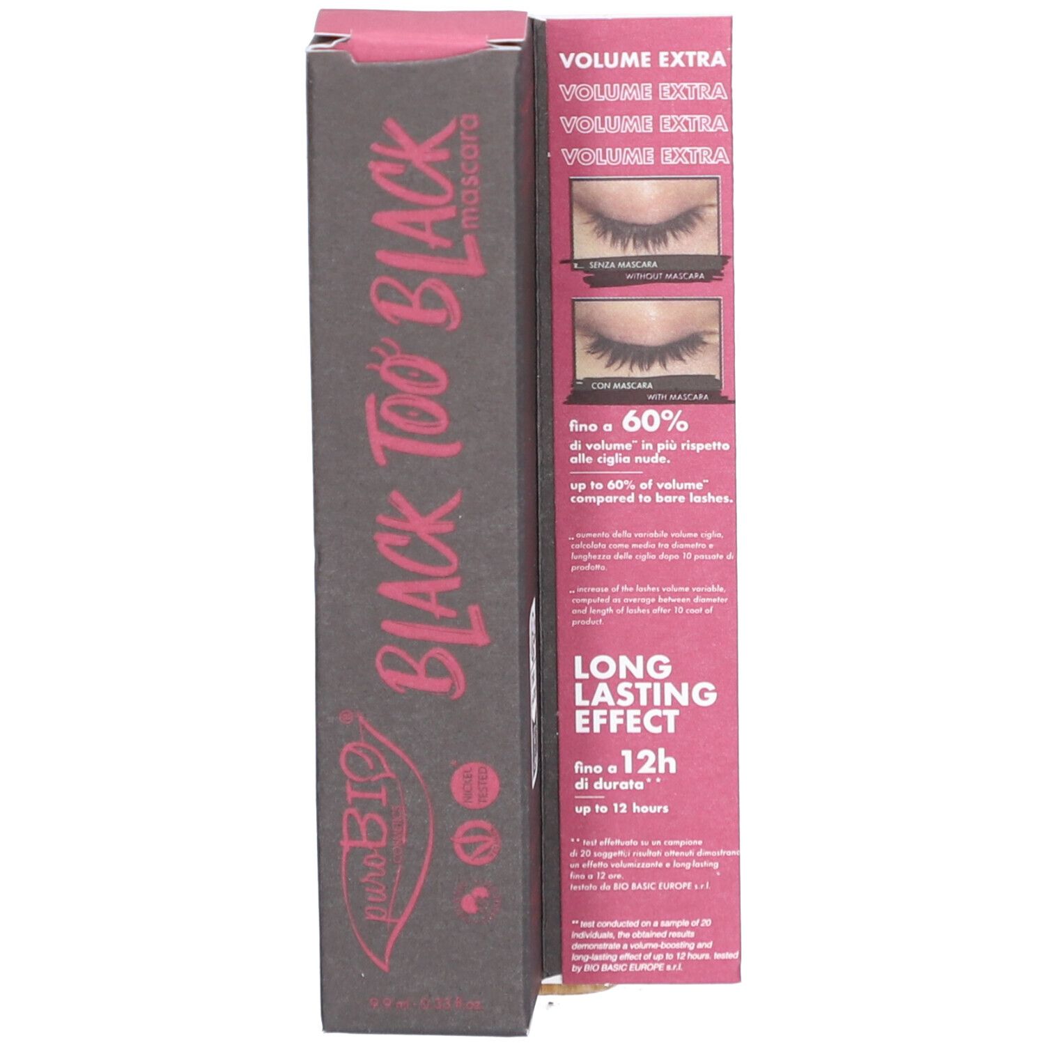 Emballage. Texte : Black Too Black Mascara, Volume, Effet longue durée. Images : avant/après.