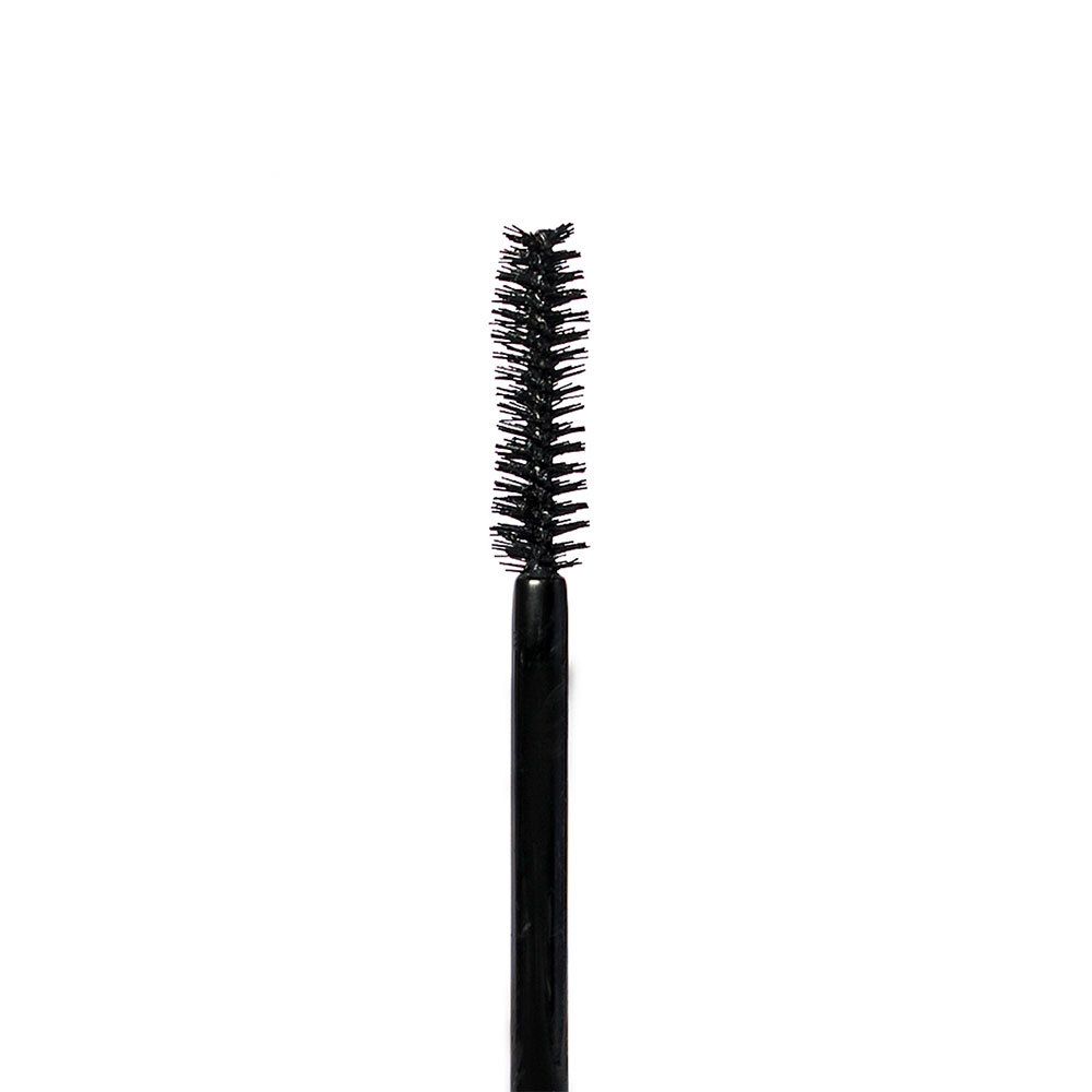 Gros plan de la brosse de mascara. Soies noires sur manche noir.