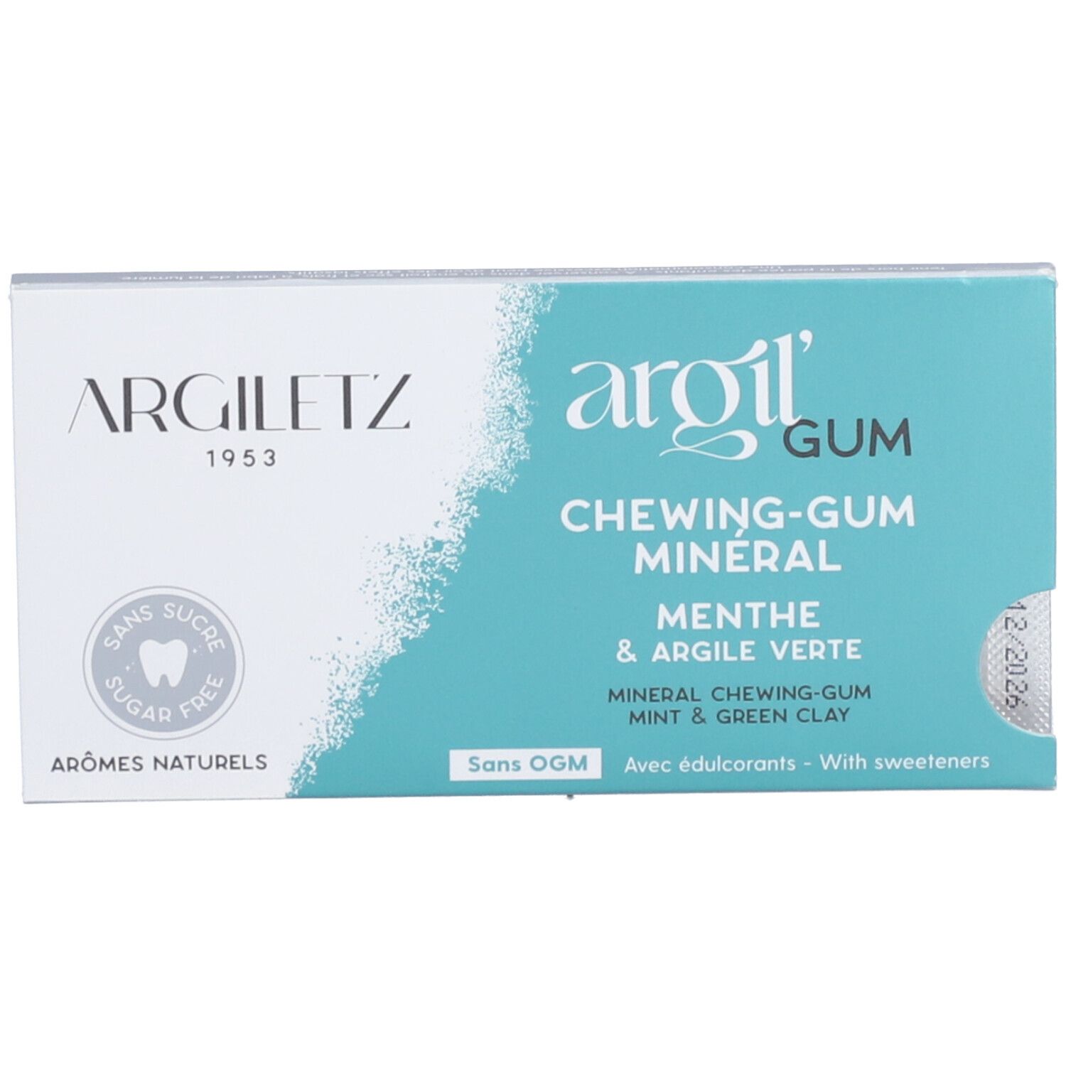 Boîte de chewing-gum Argiletz. Blanc et turquoise, avec texte et logo. "Sans sucre" et "Arômes naturels" sont visibles.