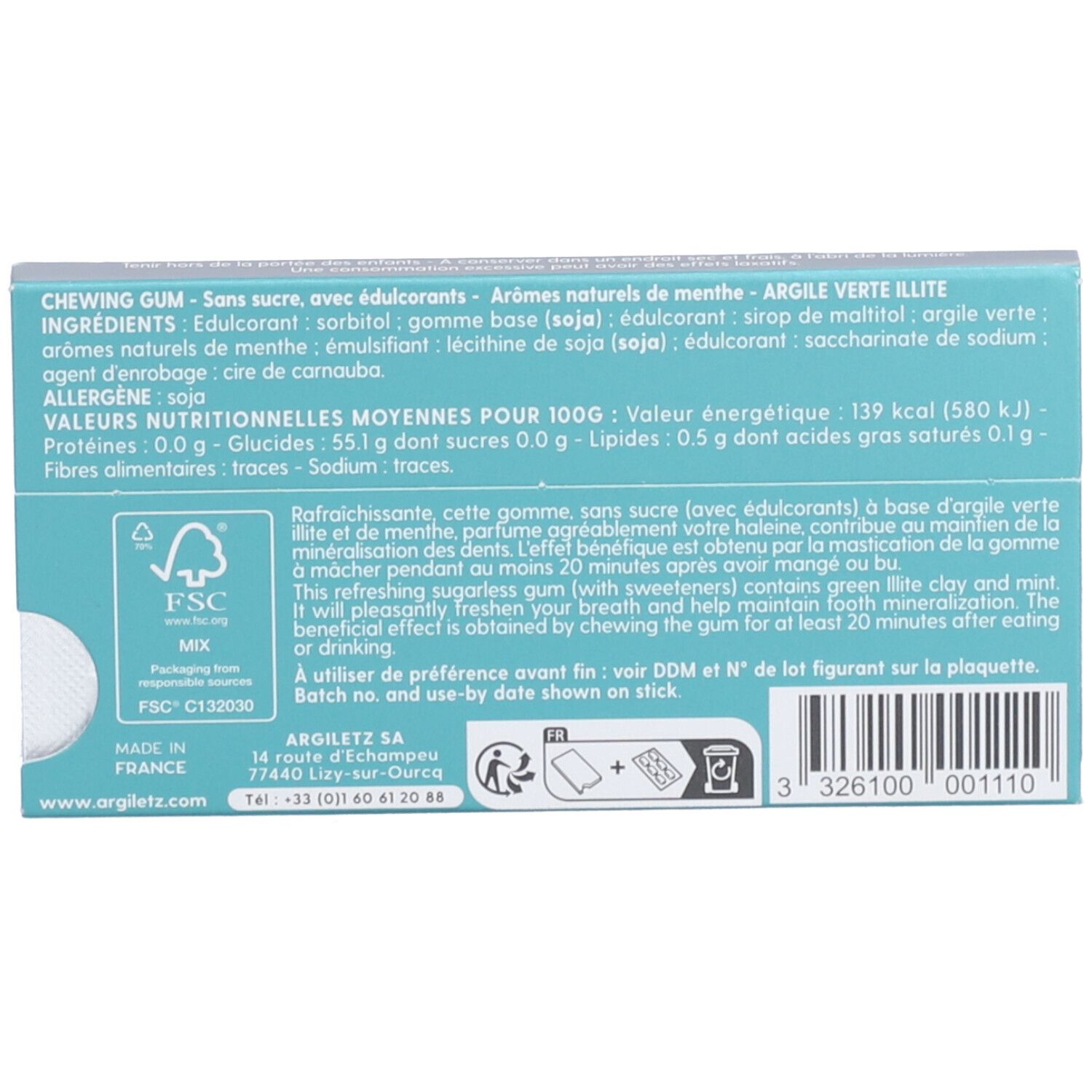 Dos de la boîte de chewing-gum Argiletz. Texte avec ingrédients et informations nutritionnelles. Logo FSC et date de péremption.