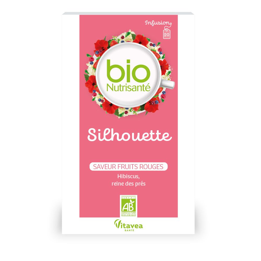 Boîte de thé bio Nutrisanté Silhouette. Emballage rose avec logo, fleurs et texte. Label AB.