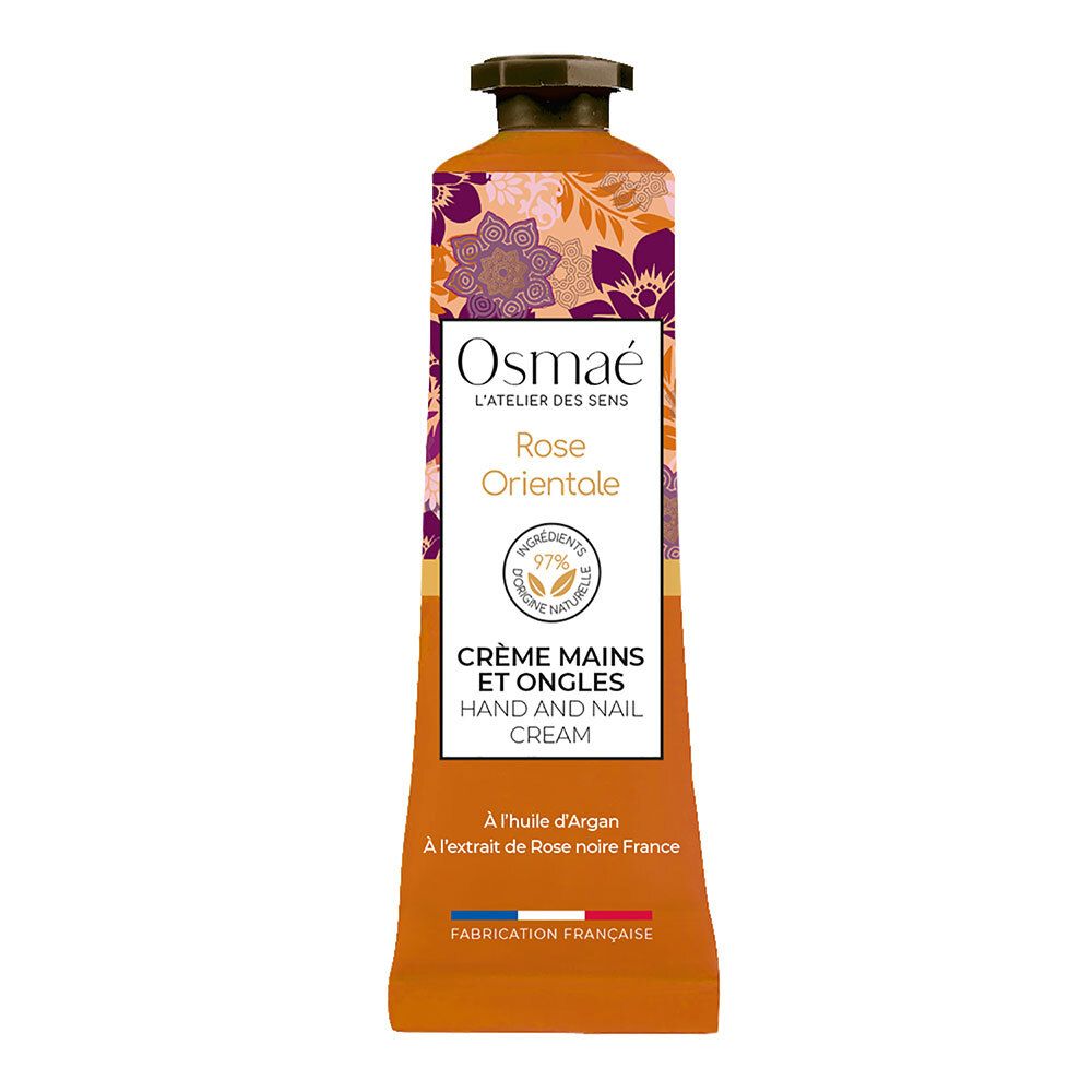 Oranje tube met bloemenmotief. Tekst: Osmaé, Rose Orientale, Crème mains et ongles. Label: 97% natuurlijk.