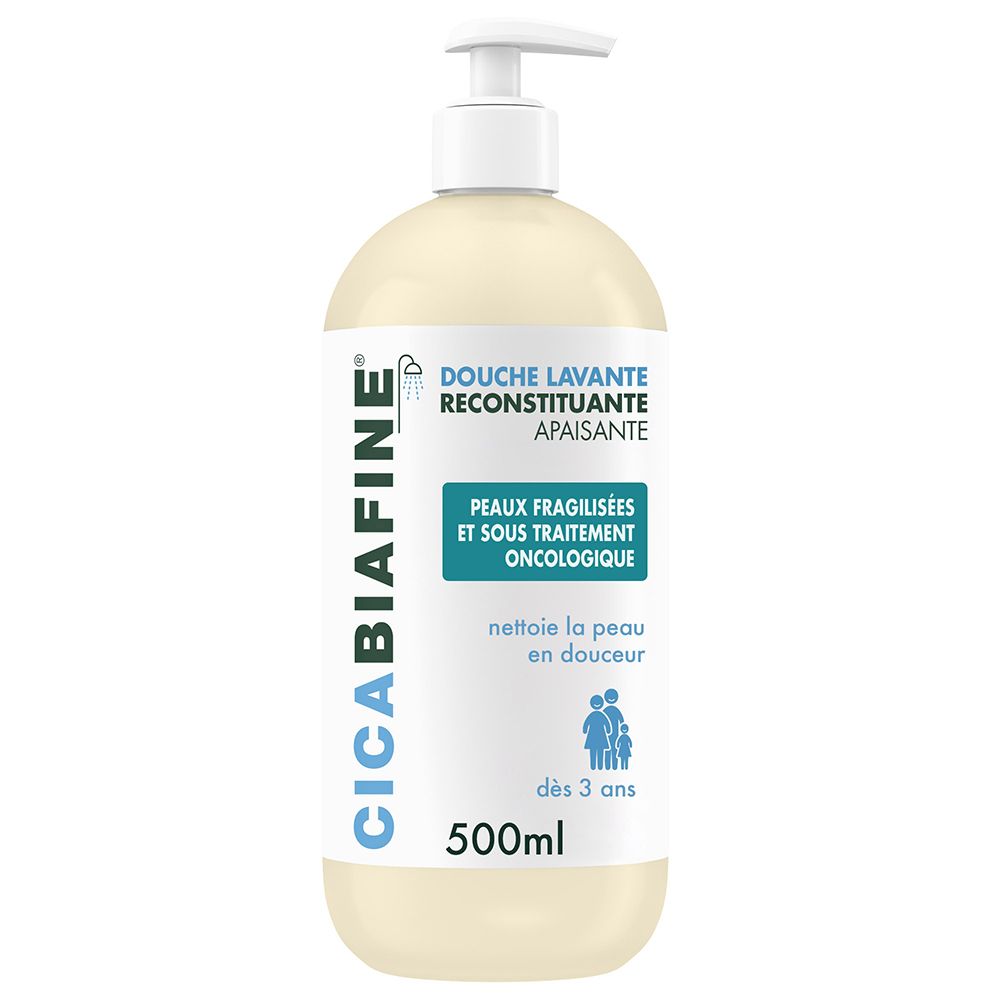 Fles CicaBiafine® Douche Lavante. Witte pomp, crèmekleurige vloeistof. Tekst: Douche Lavante, Peaux fragilisées et sous traitement.