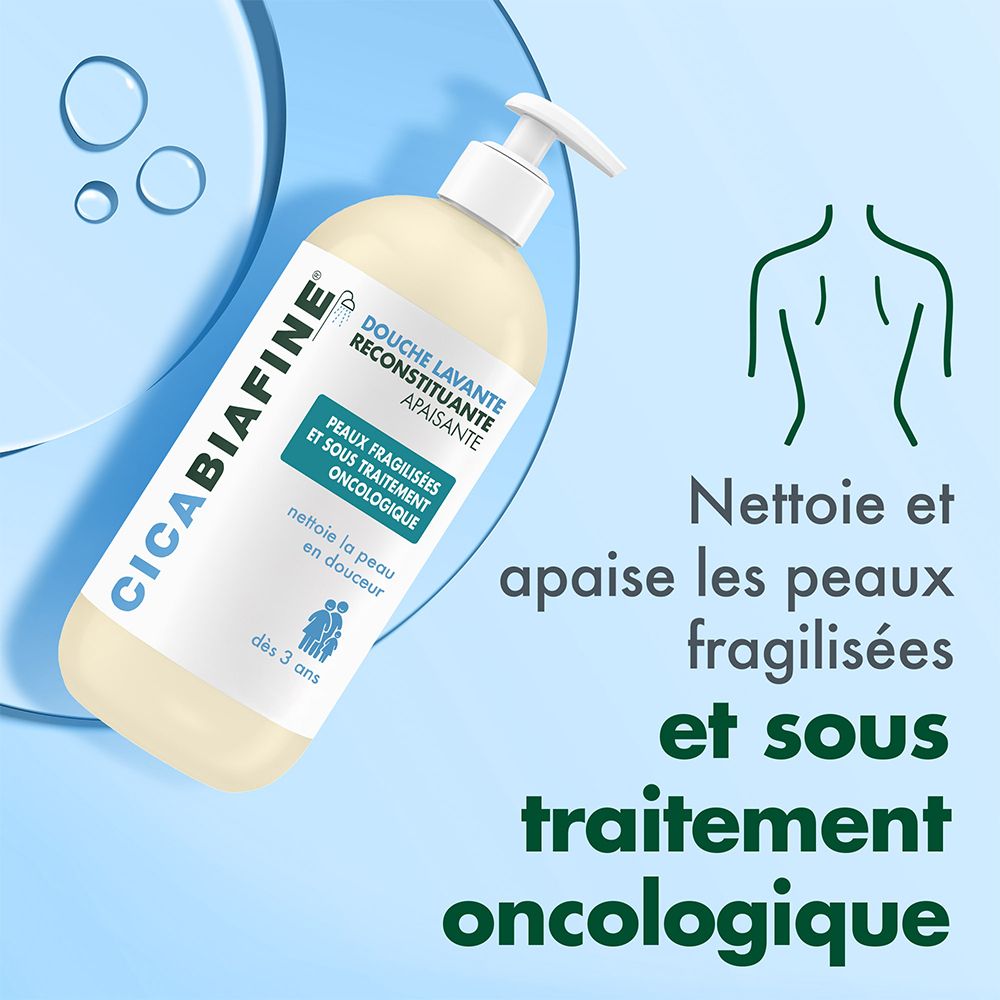 Fles CicaBiafine® Douche Lavante. Tekst: Nettoie et apaise les peaux fragilisées et sous traitement oncologique.