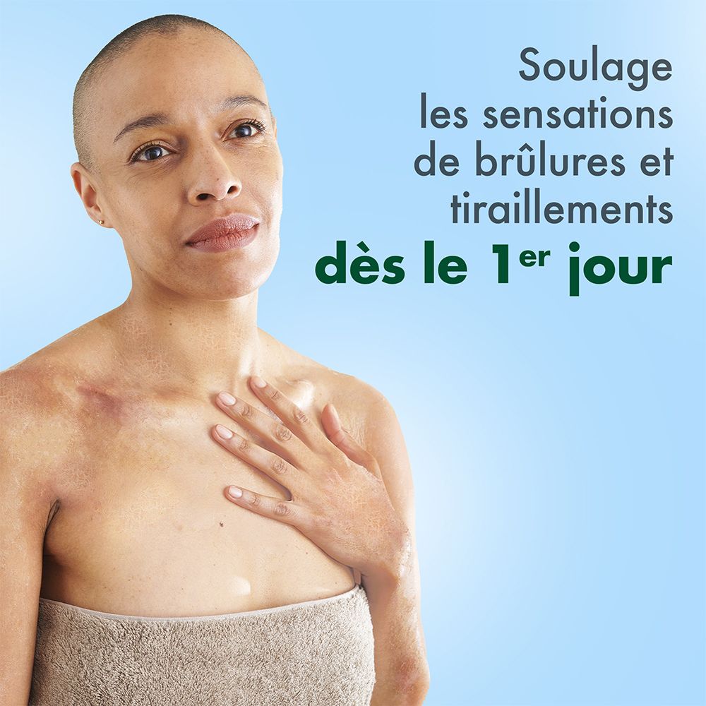 Vrouw met geschoren hoofd. Tekst: Soulage les sensations de brûlures et tiraillements dès le 1er jour.