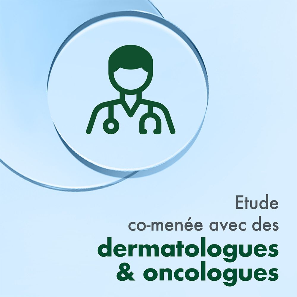 Afbeelding: arts-symbool. Tekst: Etude co-menée avec des dermatologues & oncologues.