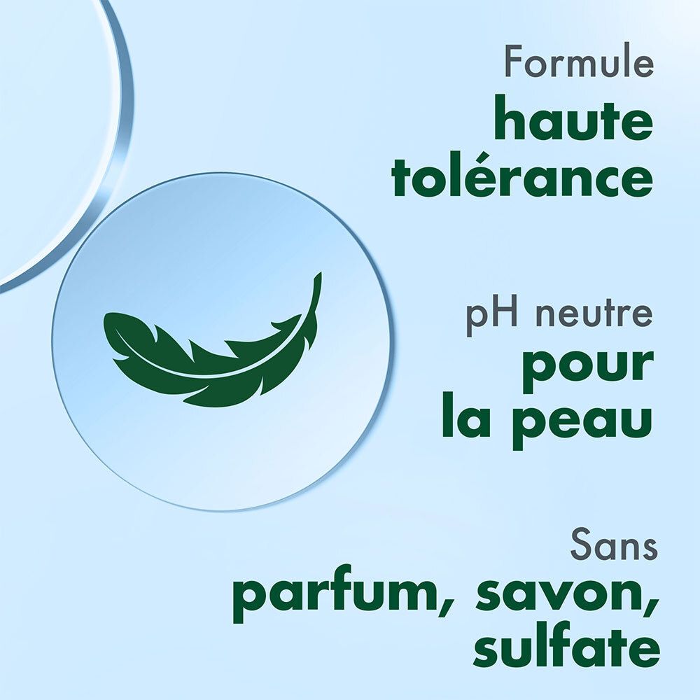 Afbeelding: veersymbool. Tekst: pH neutre pour la peau. Sans parfum, savon, sulfate.