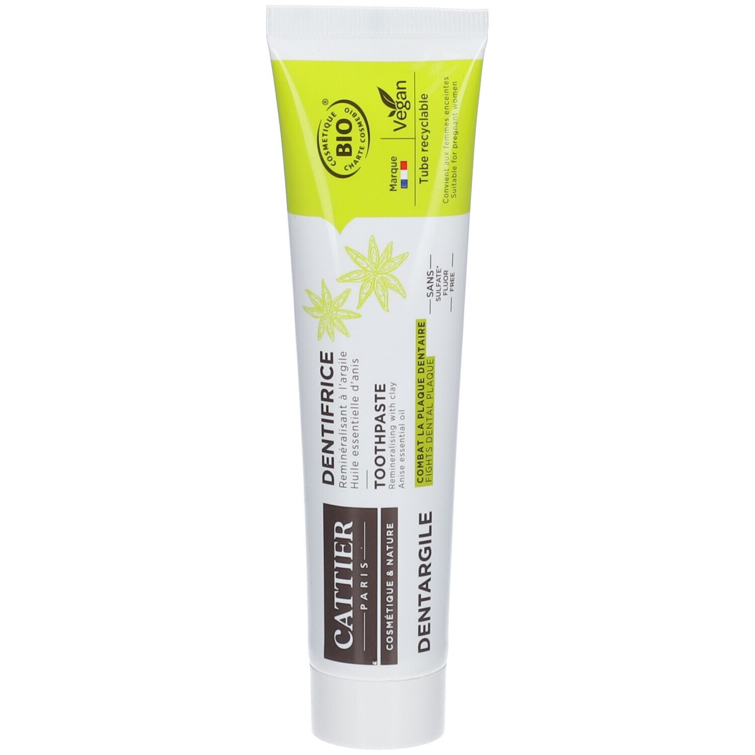 Witte en groene tandpastatube. Tekst: "DENTIFRICE", "COMBAT LA PLAQUE DENTAIRE", "Cattier". Bio-certificering, vegan keurmerk.