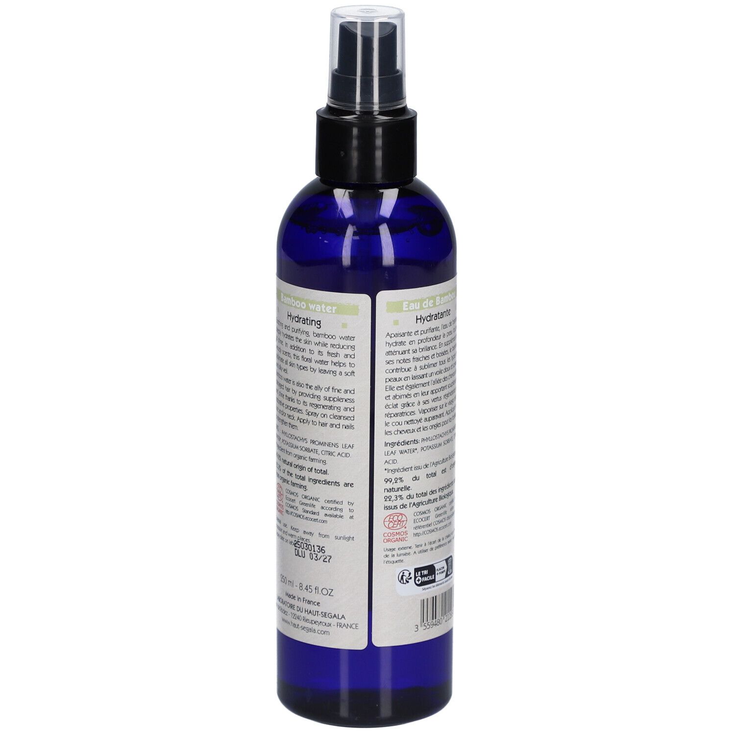 Flacon bleu avec vaporisateur noir. Étiquette avec illustration de bambou et texte: Eau florale Bambou, Hydratante.